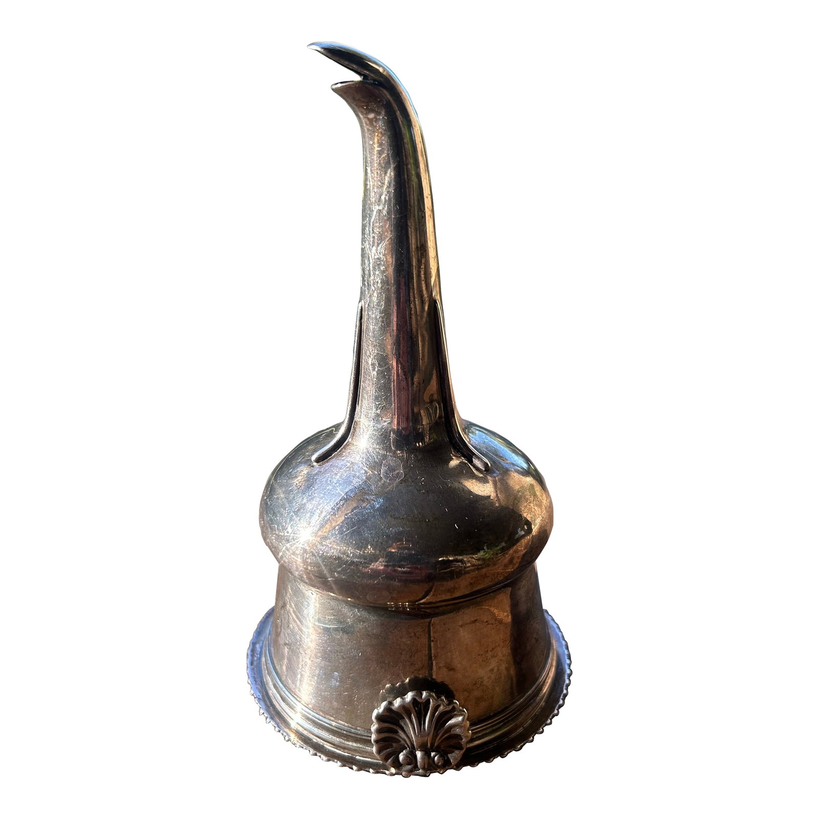 Antique 19th Century English Georgian Sterling Silver Wine Funnel and Strainer, Shell Motif, With Lo: Antique English sterling silver two piece wine funnel and strainer, with London hallmarks. Hallmarks to the strainer are WE (possibly William Edwards), king's head, lion passant. Hallmarks to the funn