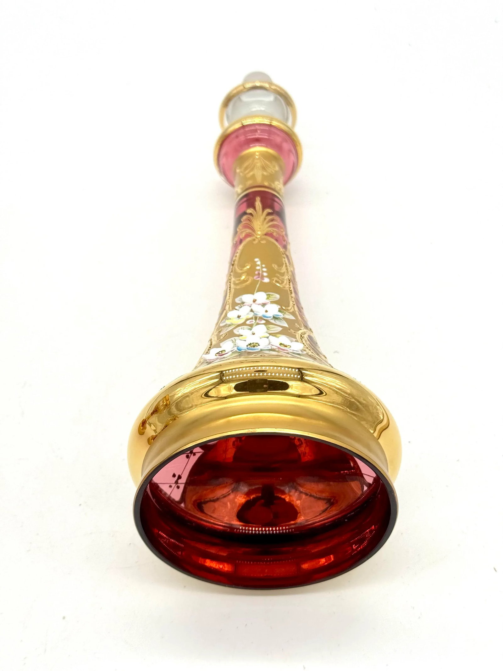 Antique Moser Bohemian Cranberry Glass Epergne Gold Gilt With Raised Enamel Floral Design - 10