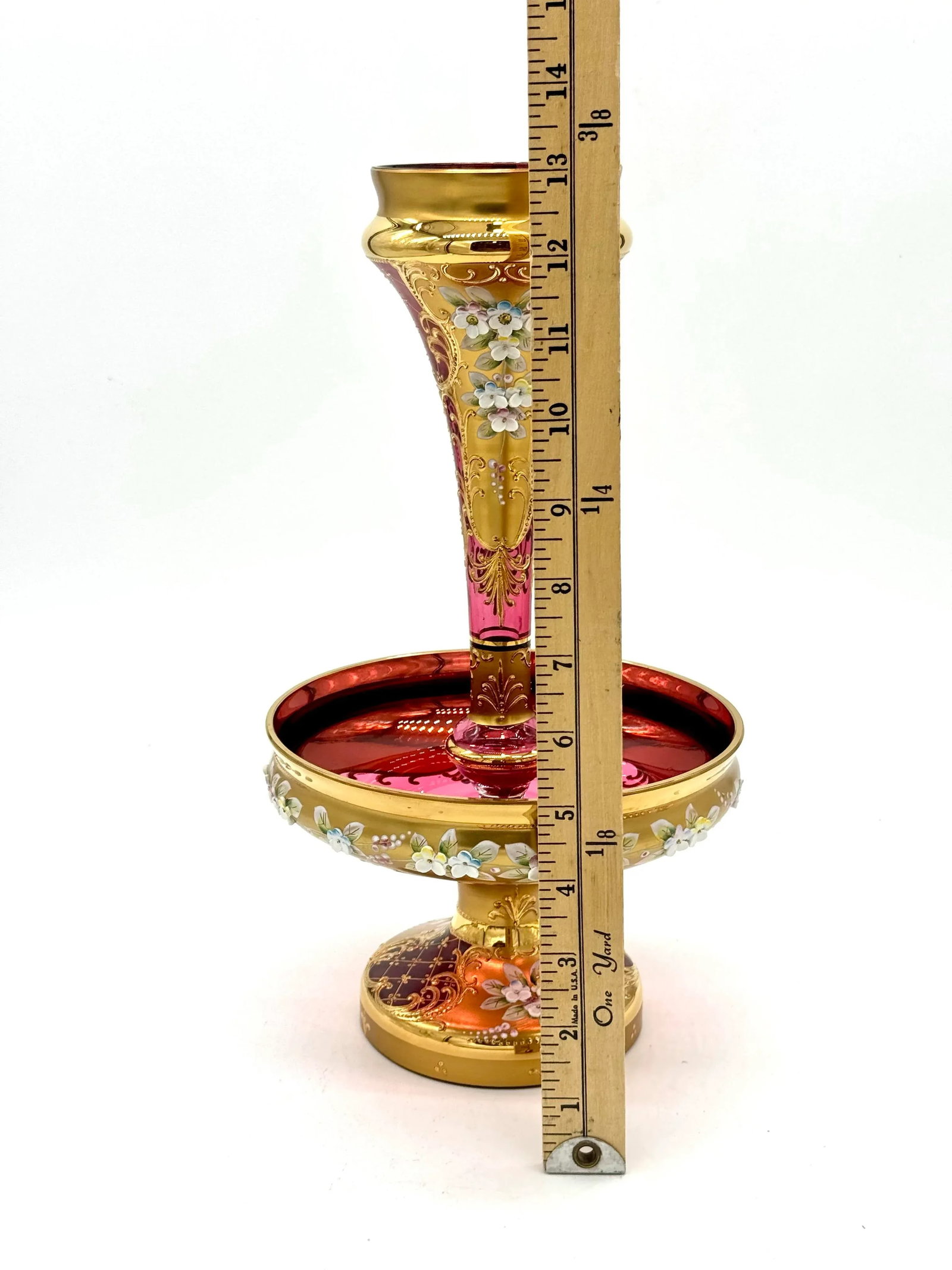 Antique Moser Bohemian Cranberry Glass Epergne Gold Gilt With Raised Enamel Floral Design - 11