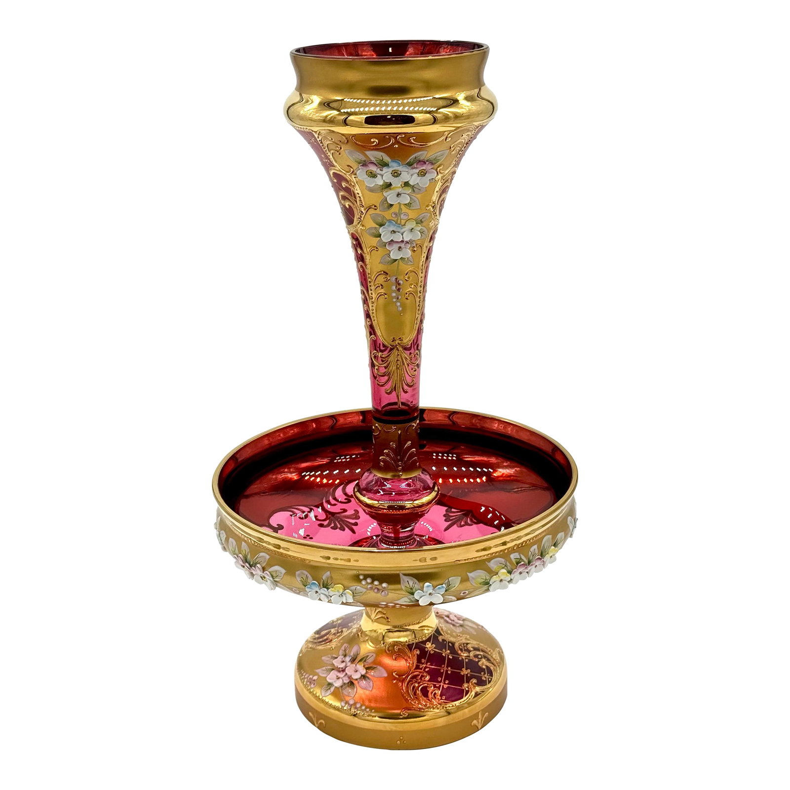Antique Moser Bohemian Cranberry Glass Epergne Gold Gilt With Raised Enamel Floral Design (1 of 11)