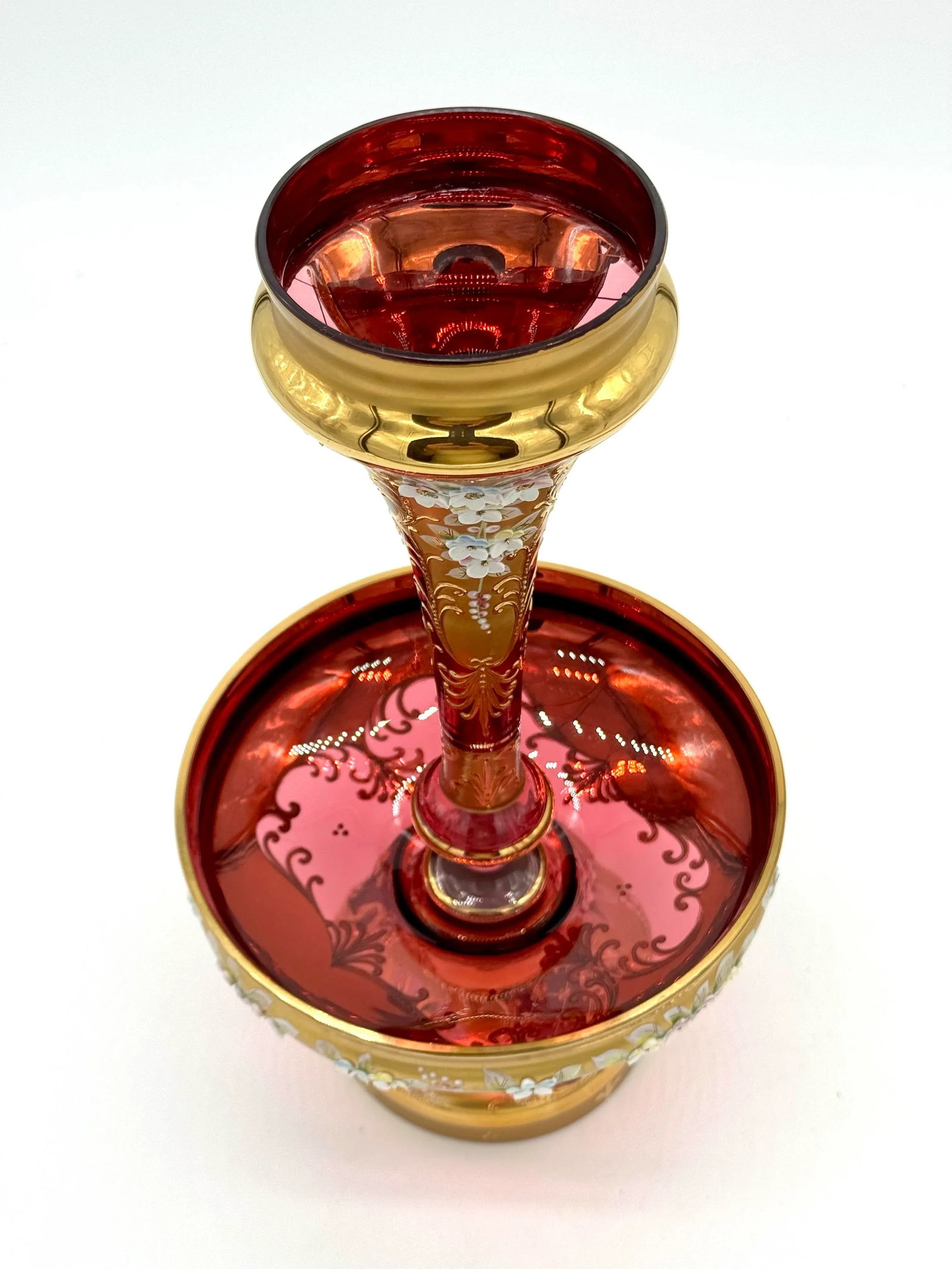 Antique Moser Bohemian Cranberry Glass Epergne Gold Gilt With Raised Enamel Floral Design - 2