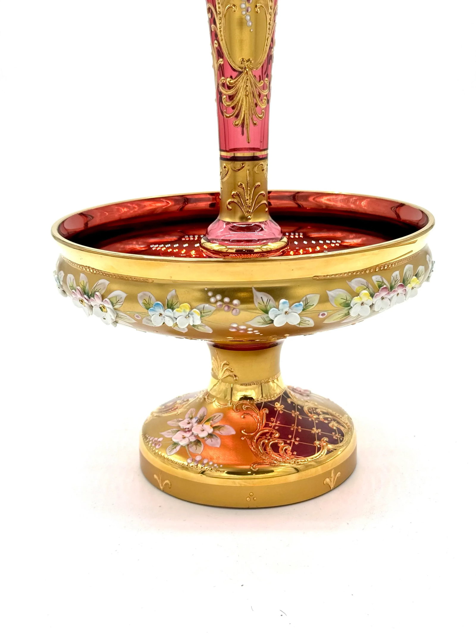 Antique Moser Bohemian Cranberry Glass Epergne Gold Gilt With Raised Enamel Floral Design - 3