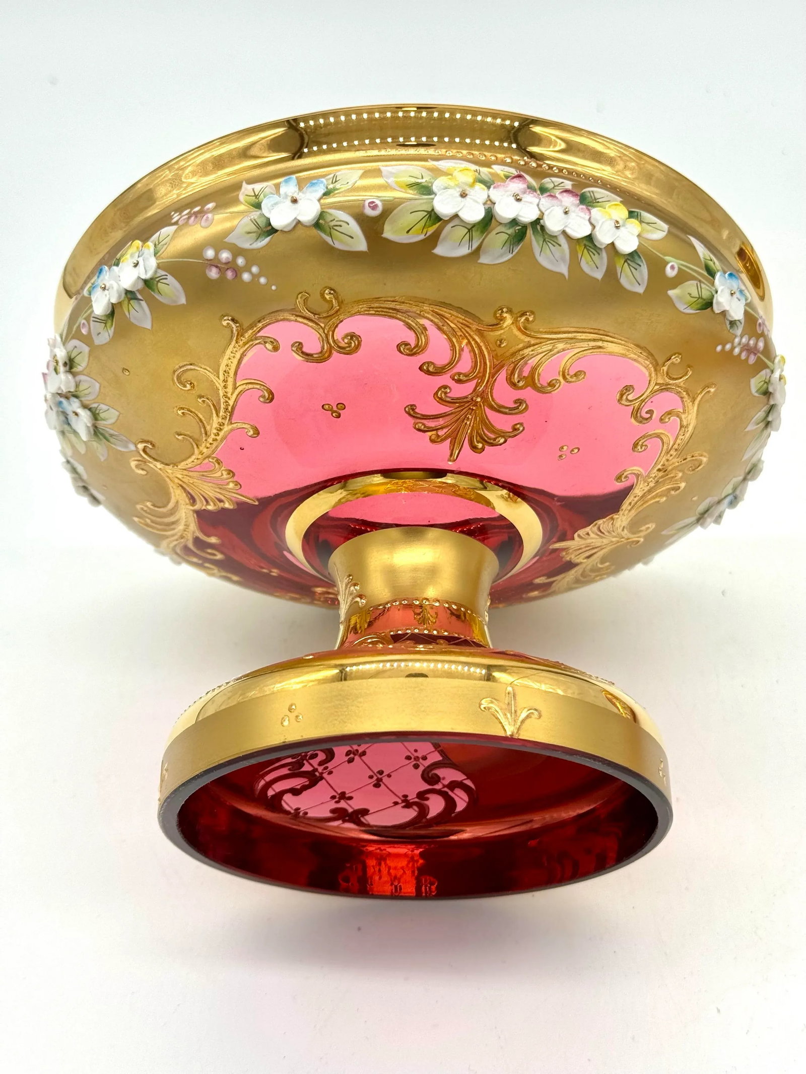 Antique Moser Bohemian Cranberry Glass Epergne Gold Gilt With Raised Enamel Floral Design - 4