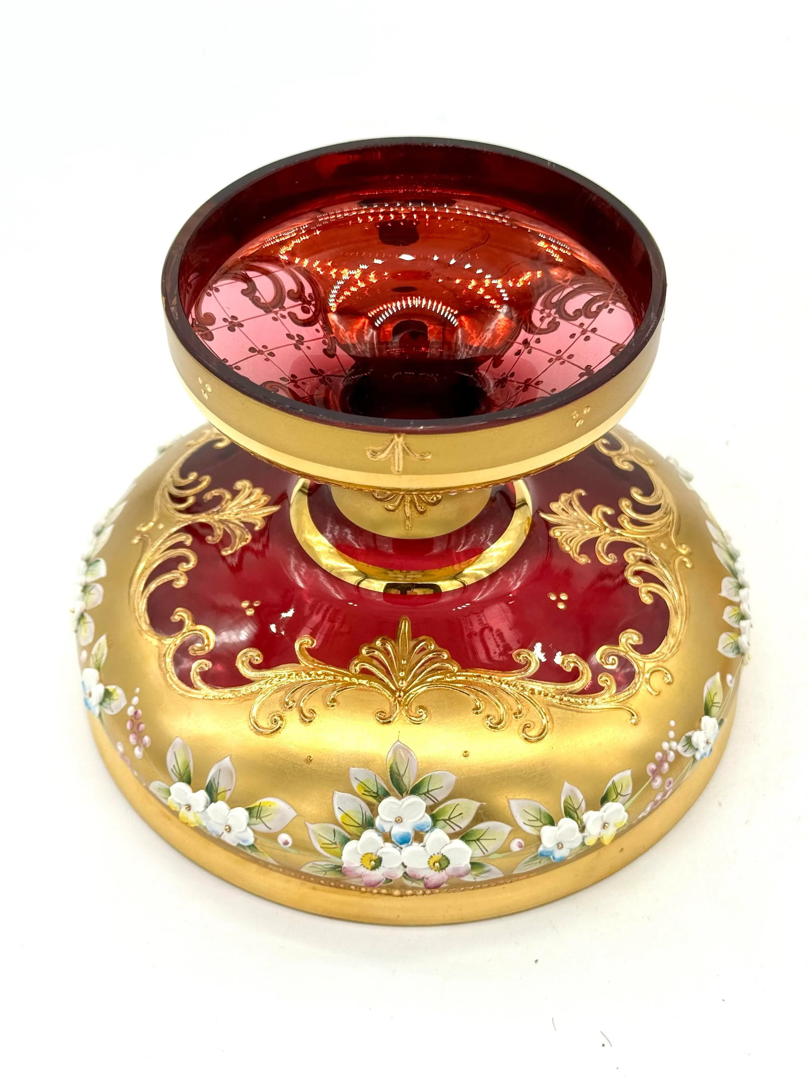 Antique Moser Bohemian Cranberry Glass Epergne Gold Gilt With Raised Enamel Floral Design - 5
