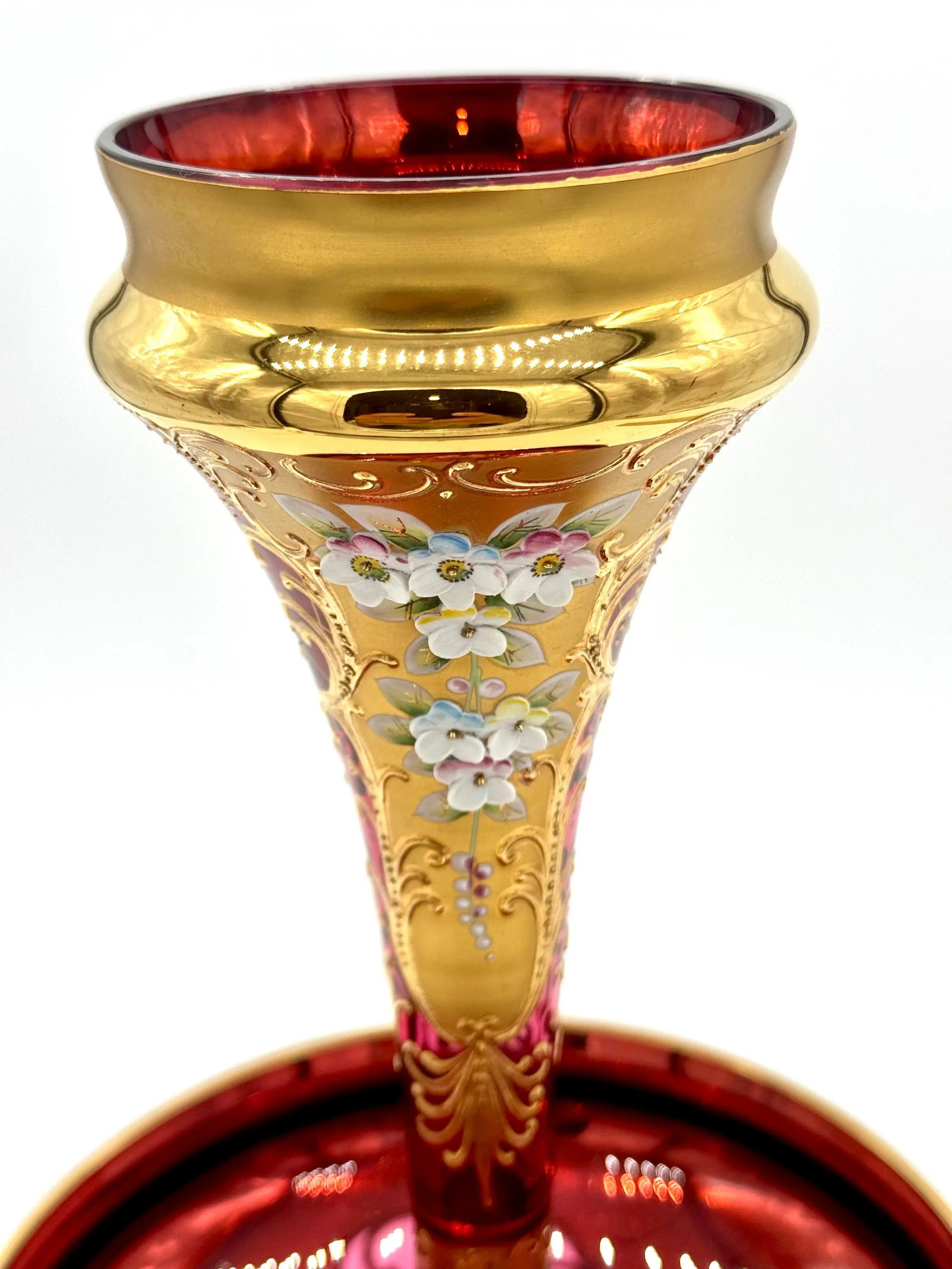 Antique Moser Bohemian Cranberry Glass Epergne Gold Gilt With Raised Enamel Floral Design - 7