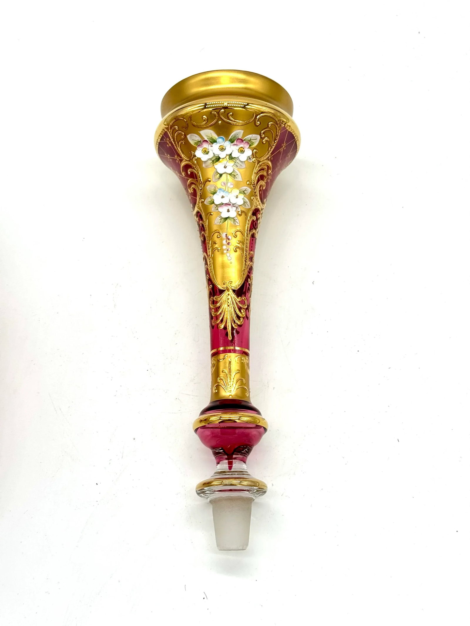 Antique Moser Bohemian Cranberry Glass Epergne Gold Gilt With Raised Enamel Floral Design - 8