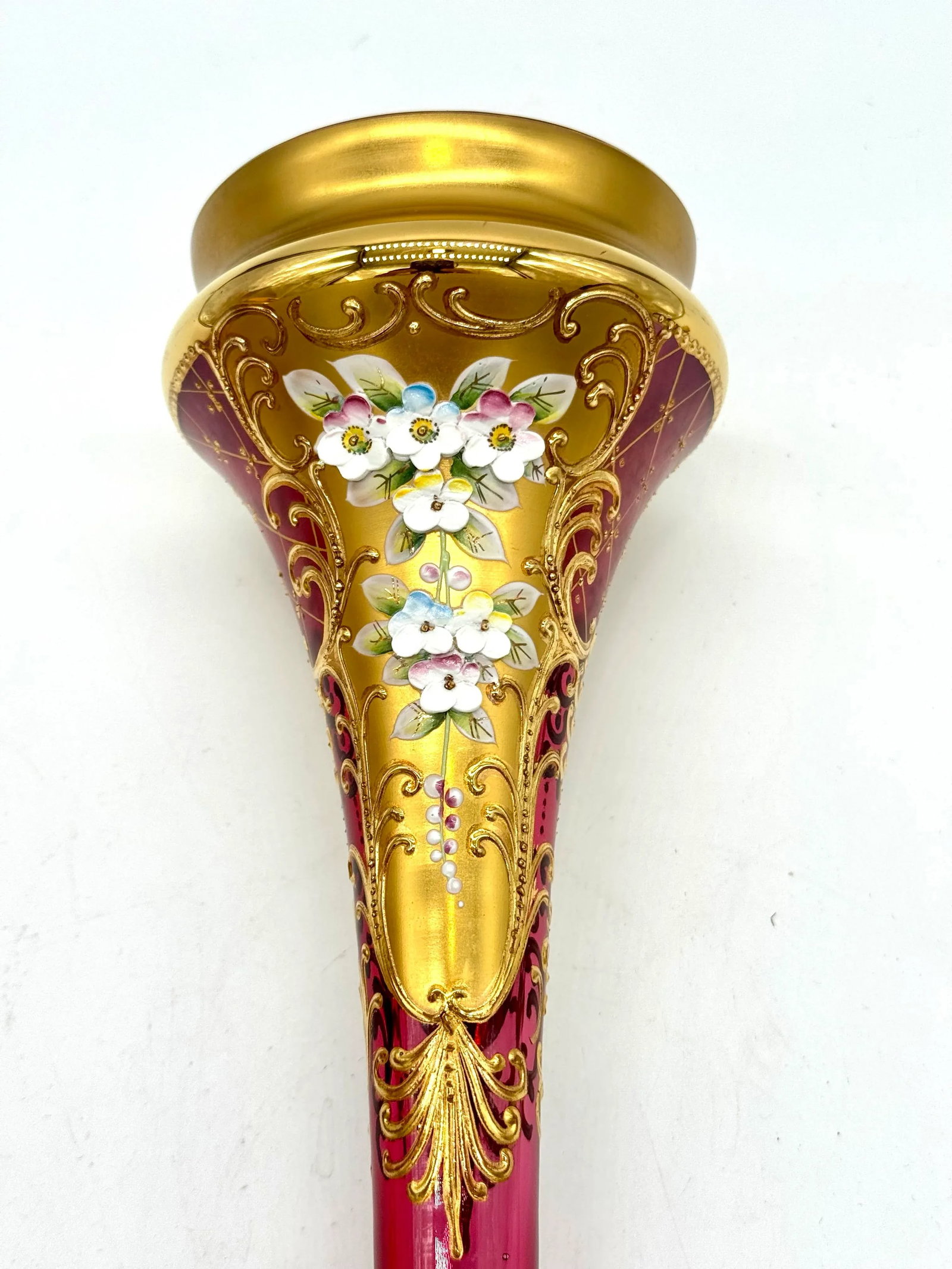 Antique Moser Bohemian Cranberry Glass Epergne Gold Gilt With Raised Enamel Floral Design - 9