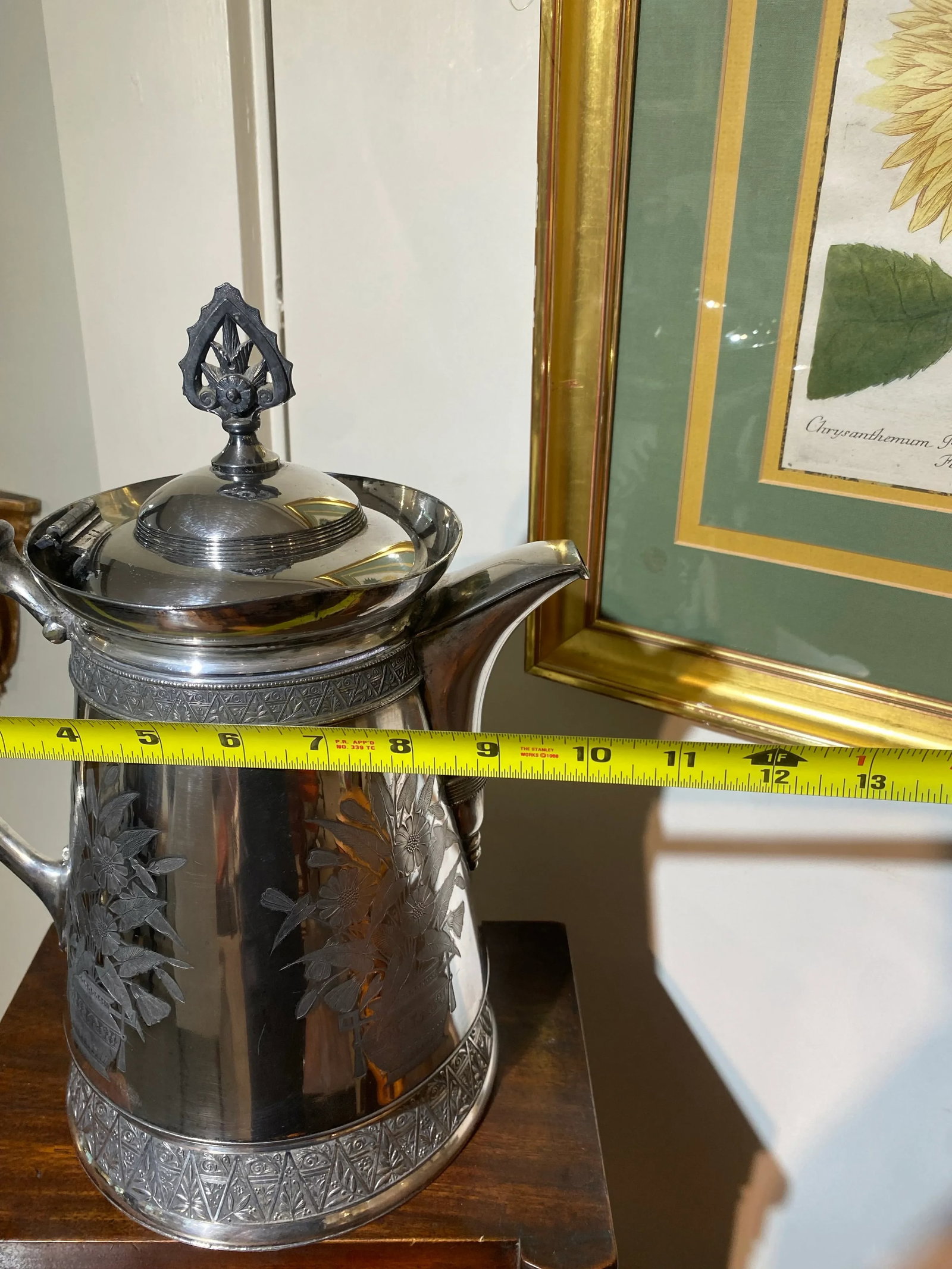 Antique Meriden Large Pitcher Silver Plate 1868 Floral Motif Victorian - 10