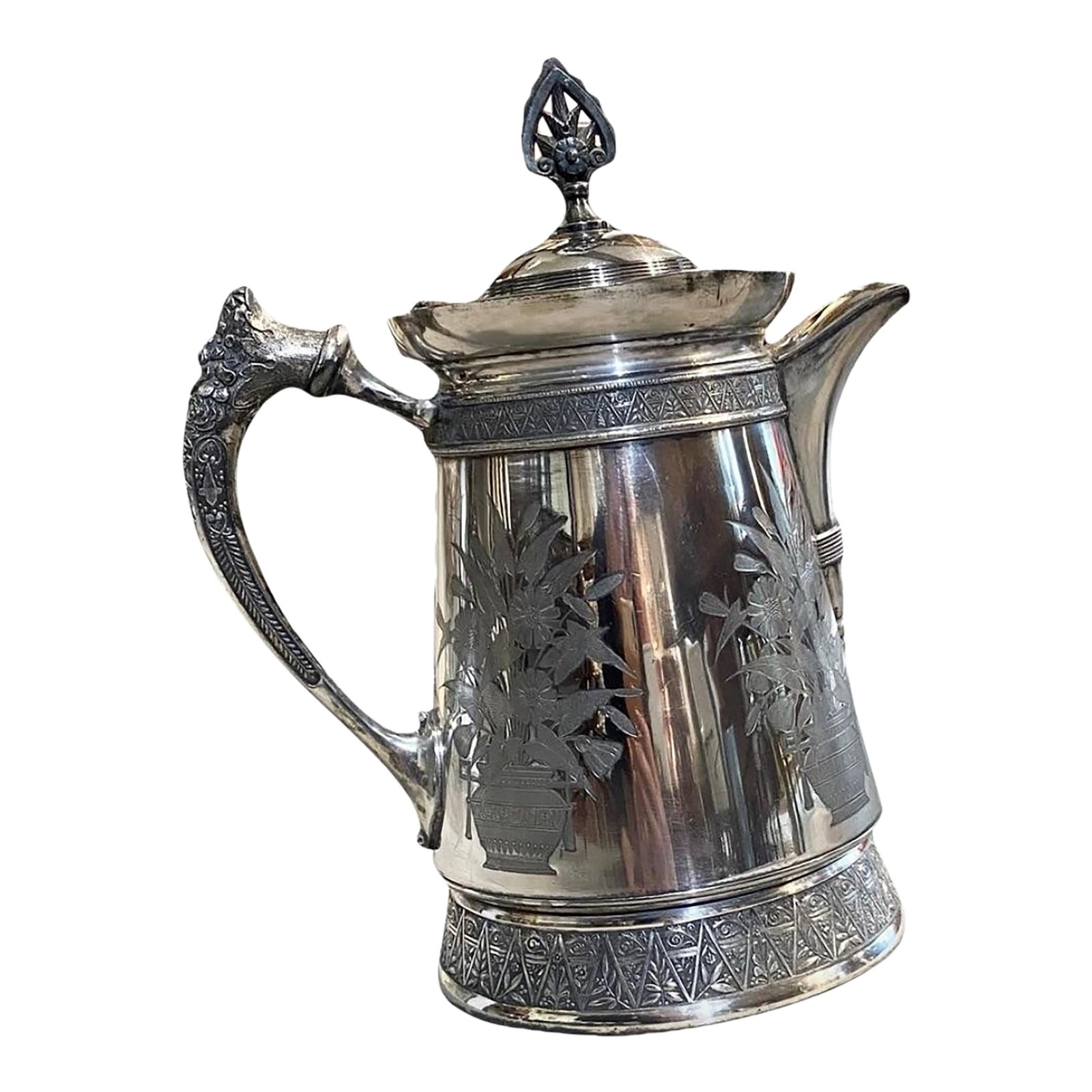 Antique Meriden Large Pitcher Silver Plate 1868 Floral Motif Victorian: Beautiful, romantic Meriden Silver Plate pitcher. Please see all measurements and details. Stamped and marked. Wear consistent with age and use including some scratching. There is a dent on top rim sh