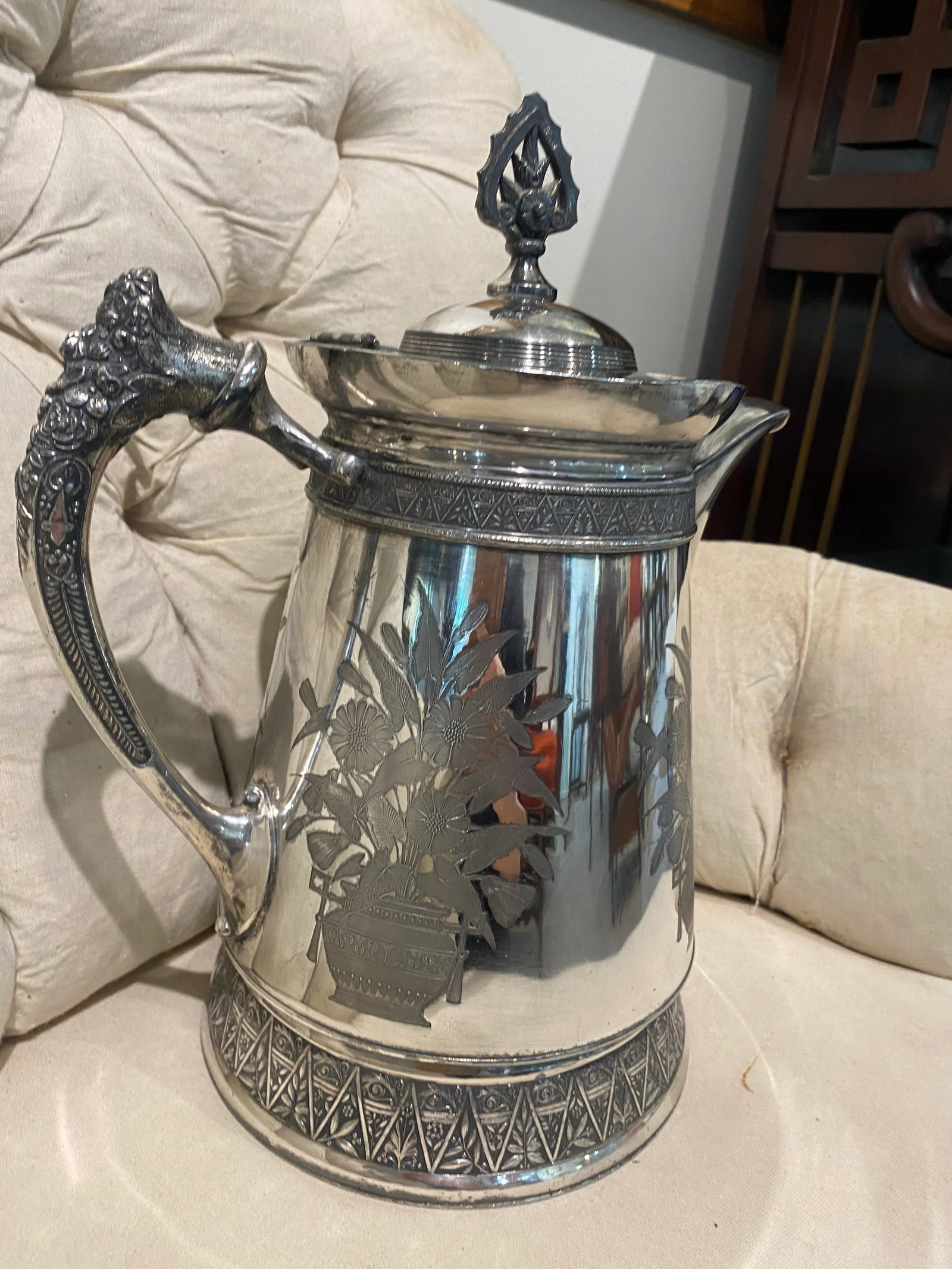 Antique Meriden Large Pitcher Silver Plate 1868 Floral Motif Victorian - 2