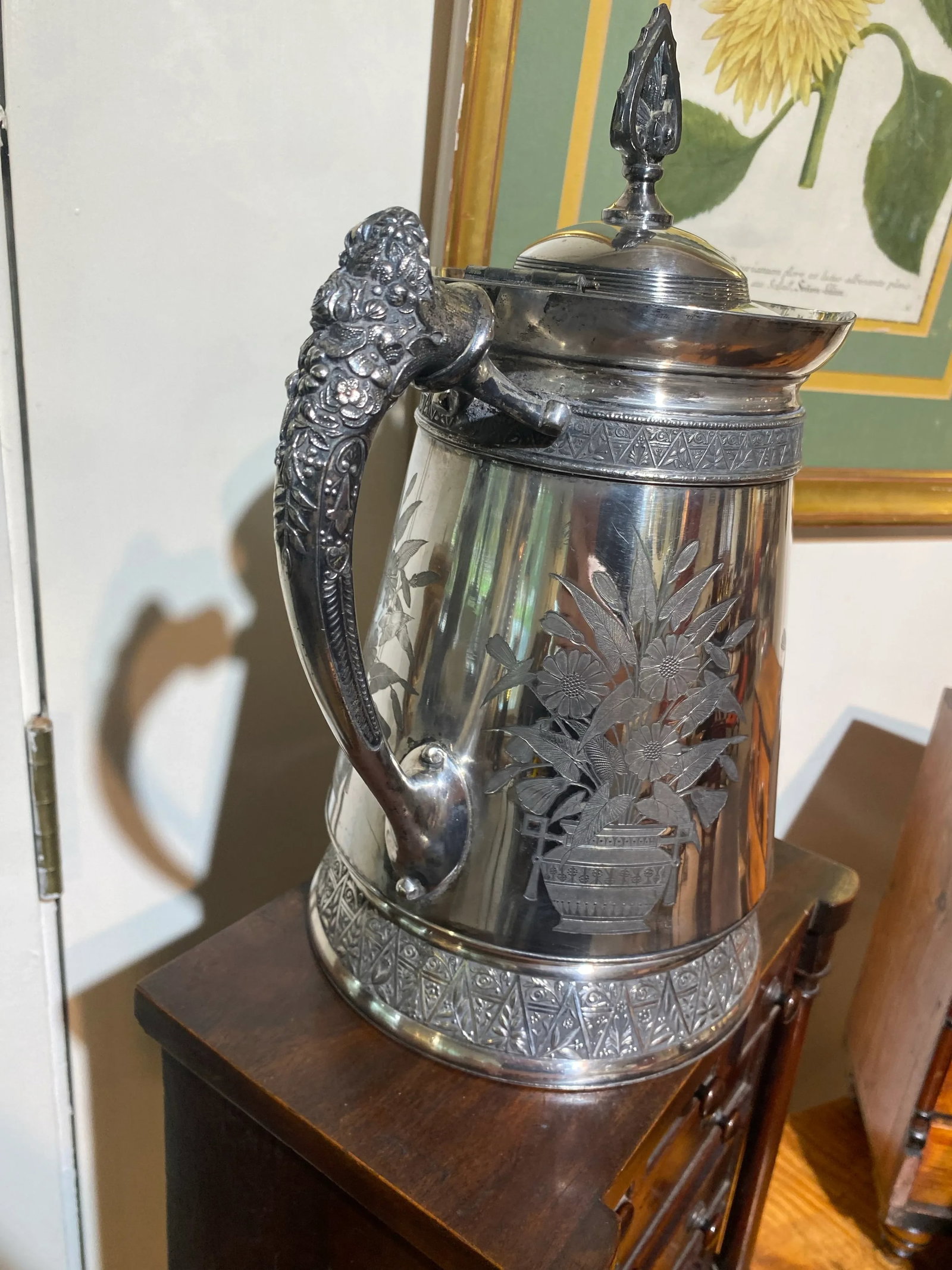 Antique Meriden Large Pitcher Silver Plate 1868 Floral Motif Victorian - 3
