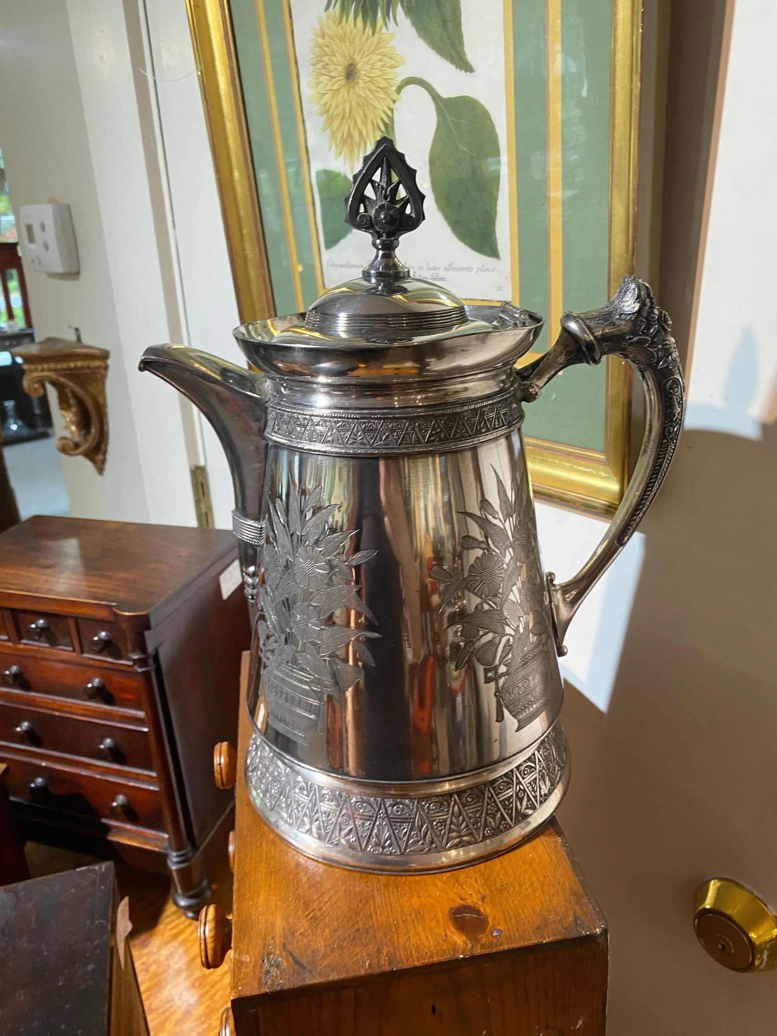 Antique Meriden Large Pitcher Silver Plate 1868 Floral Motif Victorian - 4