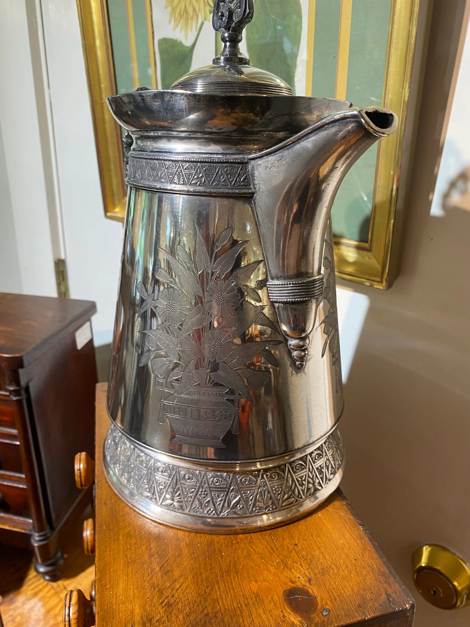 Antique Meriden Large Pitcher Silver Plate 1868 Floral Motif Victorian - 5