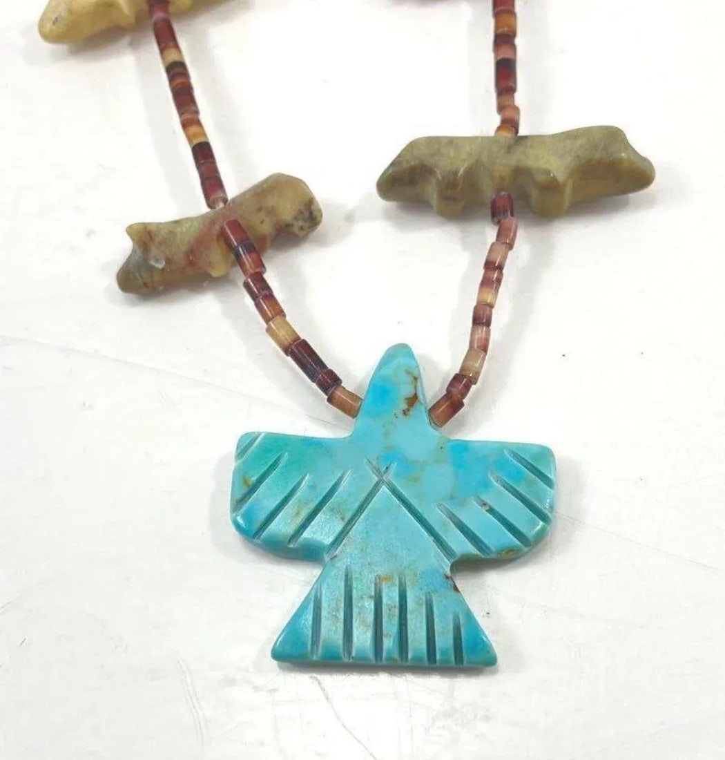 Native American Pueblo Fetish Necklace With Turquoise Thunderbird Pendant - 3