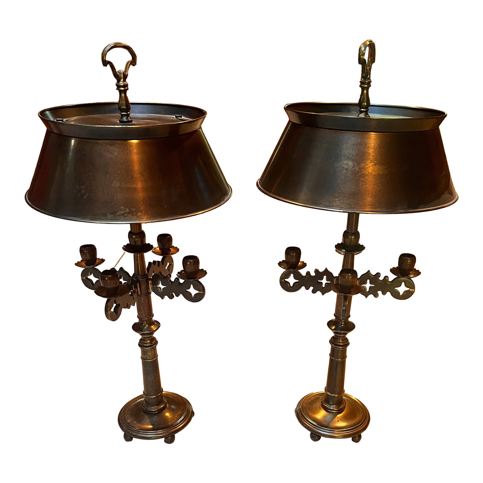 Pair of Mid-Century Frederick Cooper Brass Bouillotte Table Lamps With Adjustable Brass Tole Shades (1 of 10)
