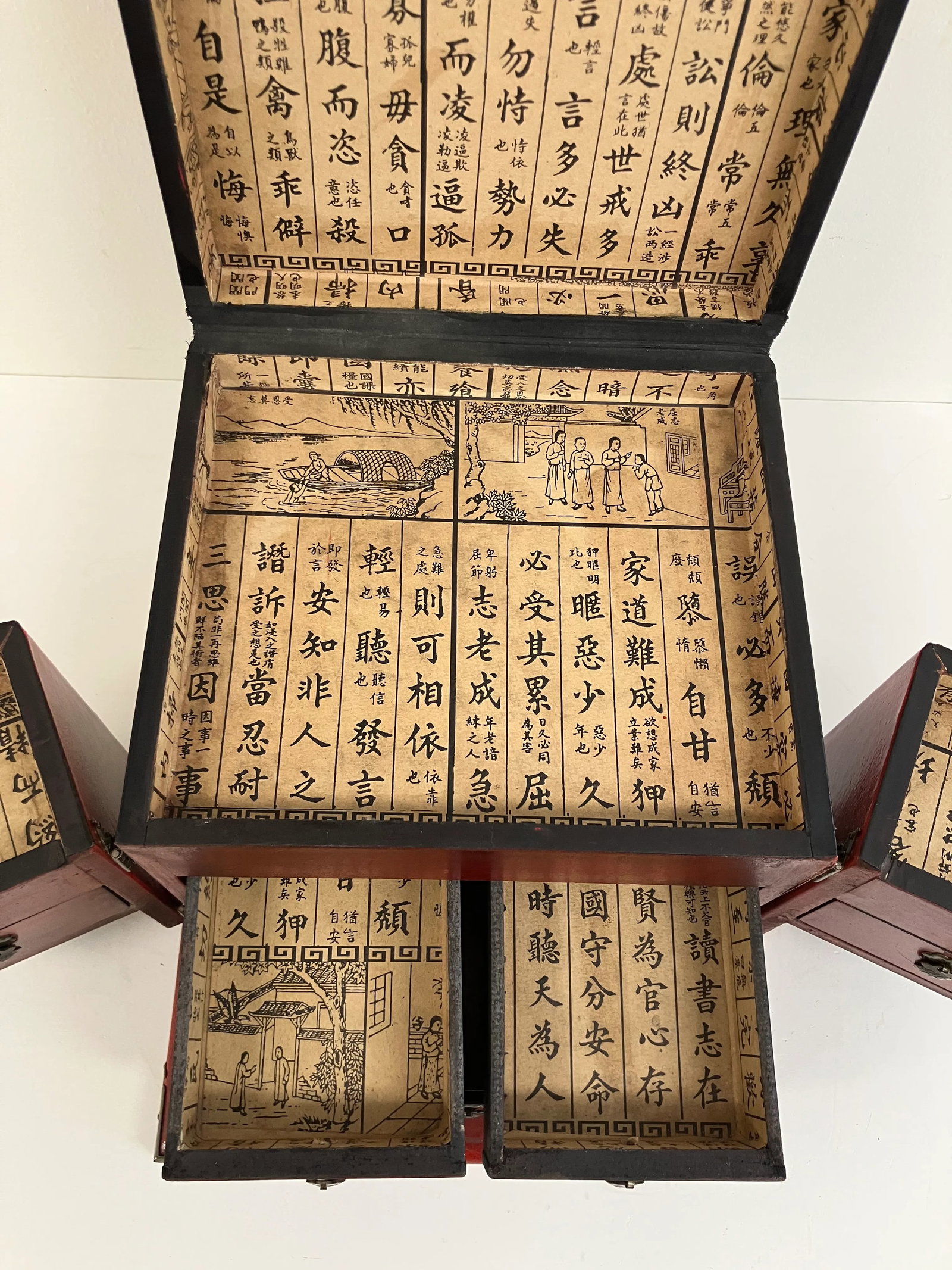 Vintage Red Chinese Scholar's Lacquer Storage Box with Calligraphy Interior - 13