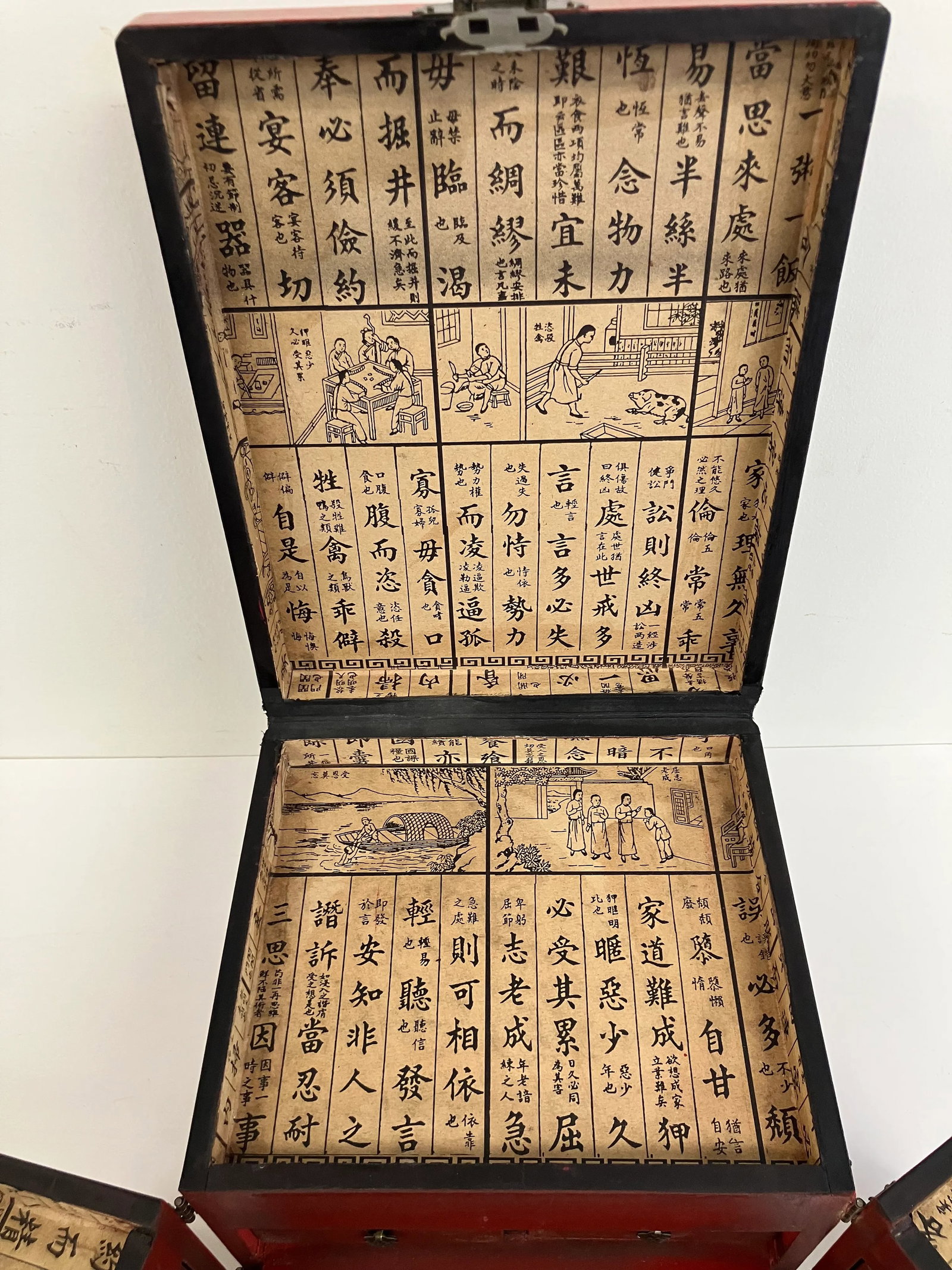 Vintage Red Chinese Scholar's Lacquer Storage Box with Calligraphy Interior - 7
