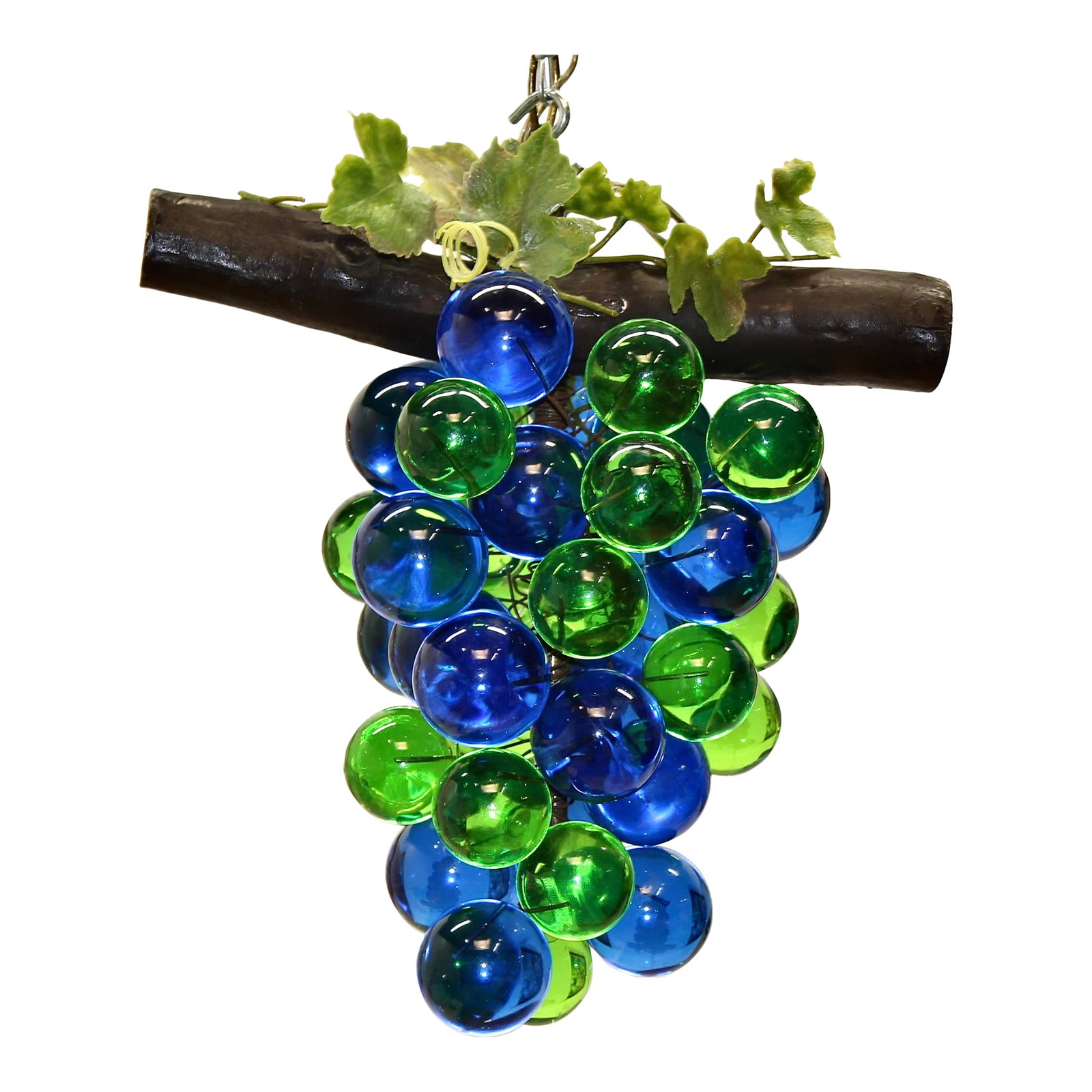 1960s Hanging Swag Lamp With Large Lucite Grapes: A bunch of large blue and green solid lucite grapes hanging from a brown stem with several small light bulbs within the grapes, making them glow. Wild lighting. In original vintage condition. Dimensio