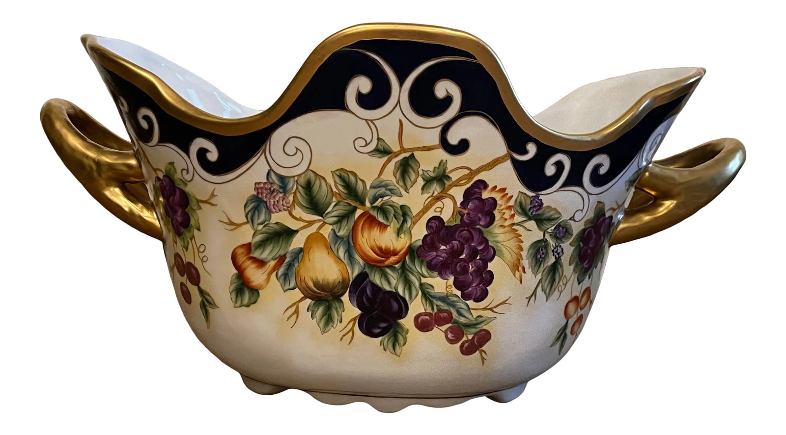 Large Fruit Motif Decorative Bowl: Beautiful and interesting large decorative bowl. This statement piece makes an impact in any room. Condition: Alterations: Original Condition Unaltered Imperfections: Some Imperfections Condition