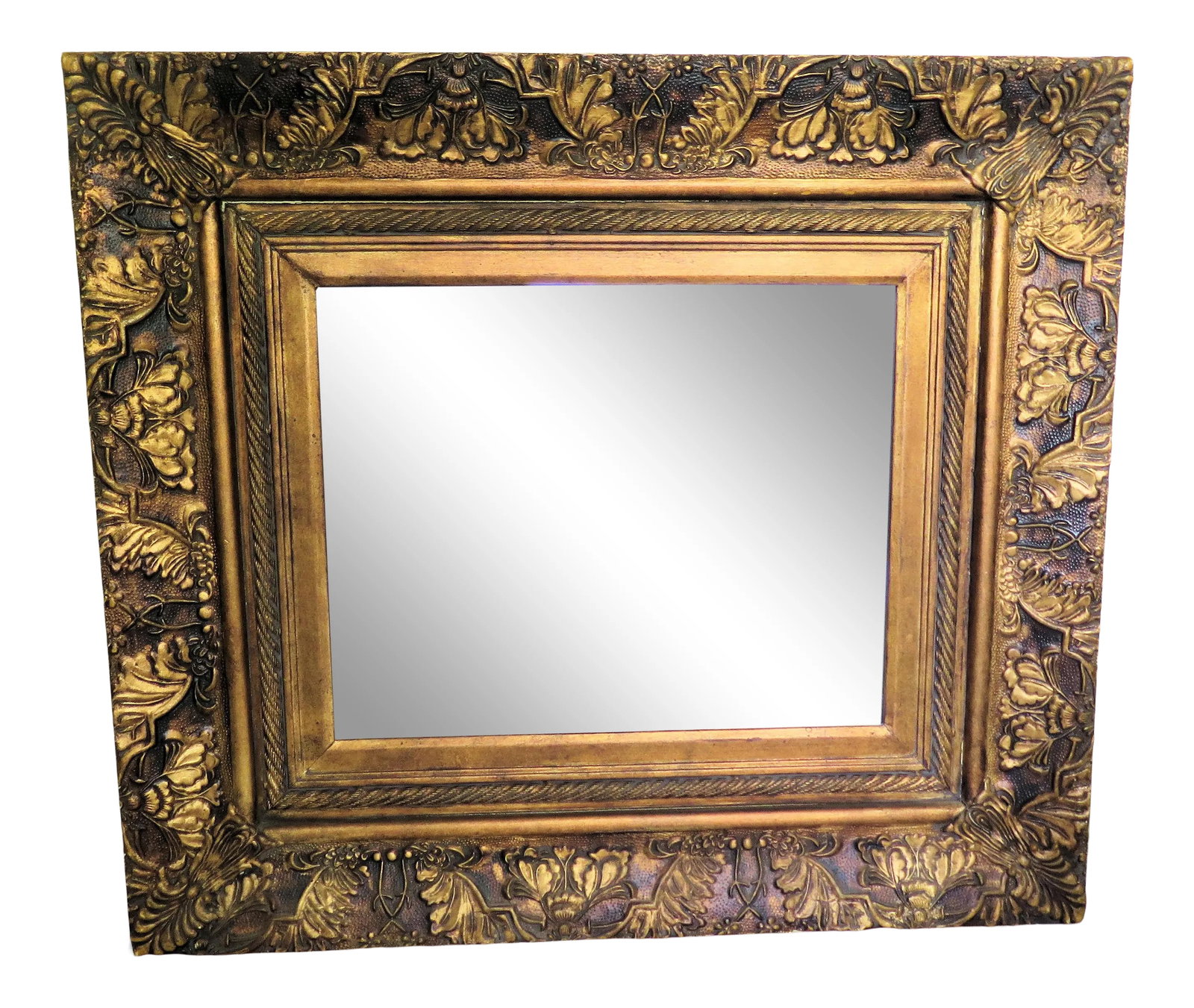 Art Nouveau Style Gold Leaf Mirror: This plaster mirror is unique in that it has a gold leaf frame for the casing and then another frame that acts as a matte of sorts. It features a botanical motif. The mirror comes from an estate sale