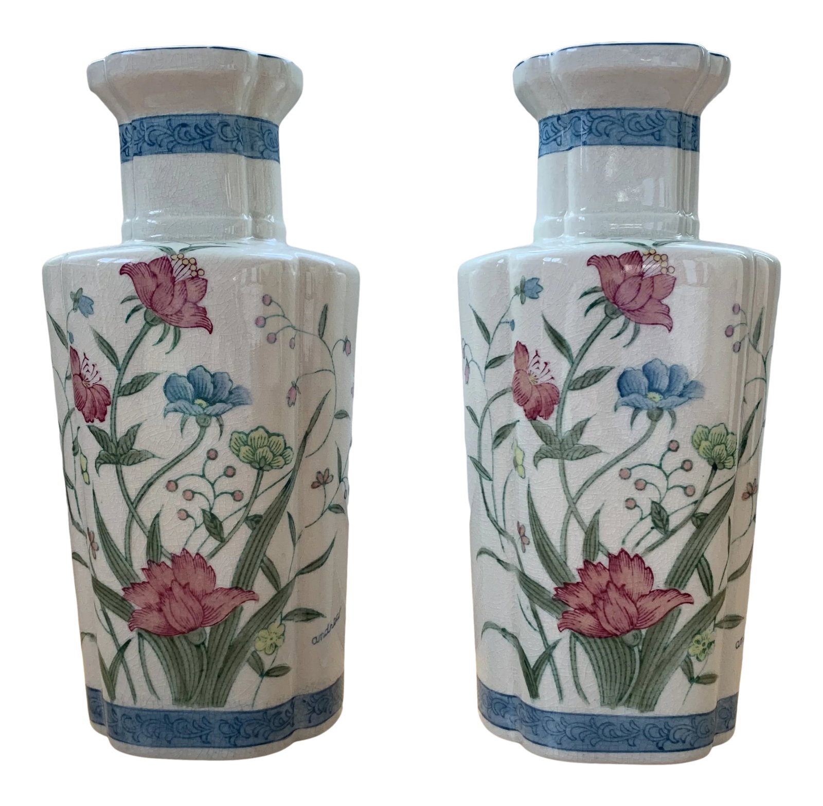 Vintage Floral Andrea by Sadek Handpainted Japanese Vases - a Pair: Gorgeous pair of handpainted Japanese vases or urns. Hand signed and stamped and numbered on bottom.. Painted on both sides in blues, greens, reds, and pinks with crackle effect in off white.