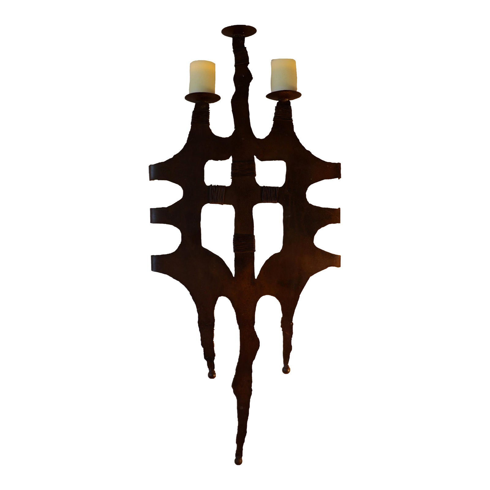 Vintage Artisan-Forged Iron Wall Sconce - Brutalist Southwest Gothic Style: A commanding presence at nearly 50 inches tall, this artisan-forged iron wall sconce blends Brutalist drama with the warmth of Southwest craftsmanship and a touch of Gothic romance. Hand-cut from soli
