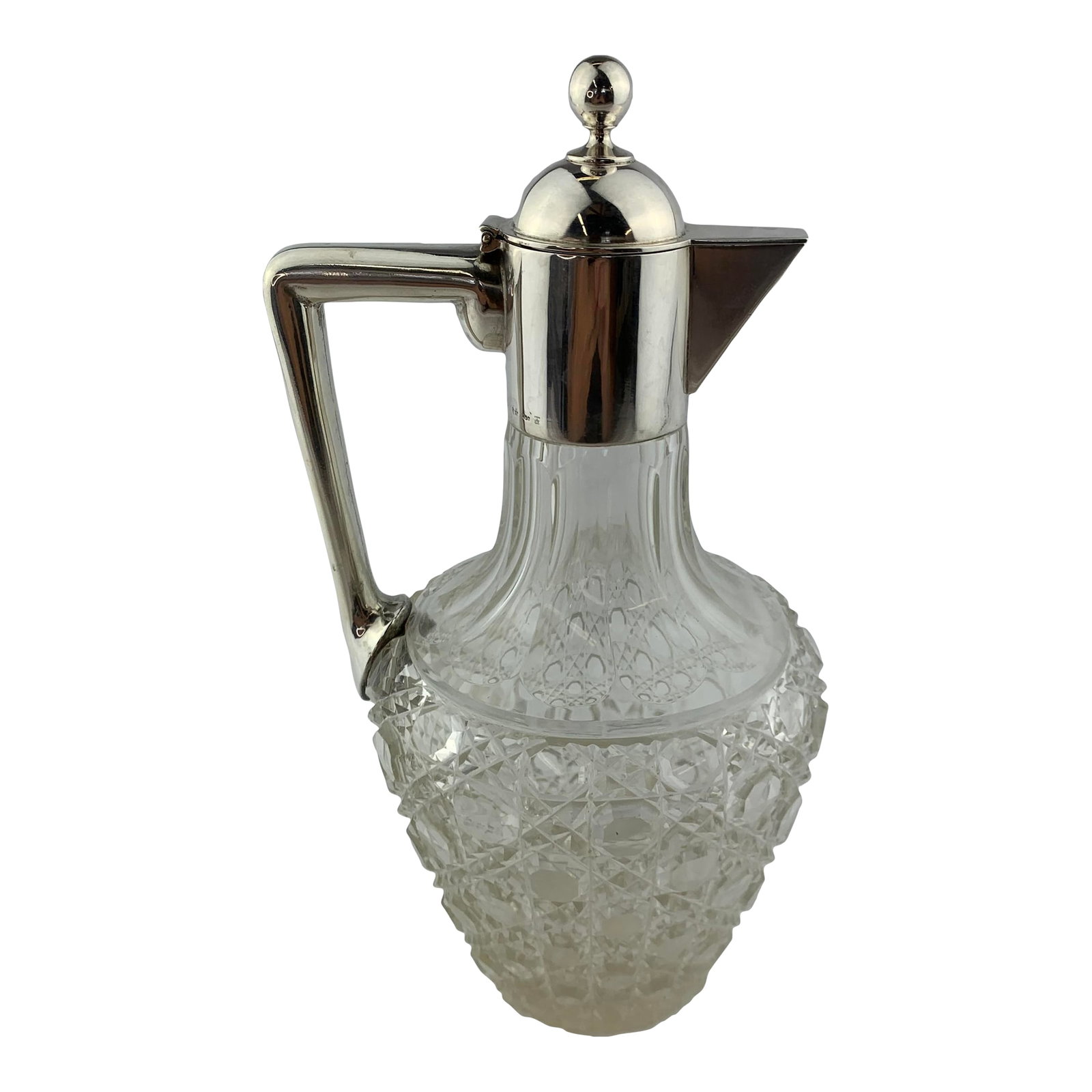 1960s Vintage Cut Crystal and Silverplate Decanter: Silver Plated handle and spout mounted on a clear cut crystal water decanter. From the estate of Bob and Dolores Hope, Toluca Lake, California. Condition: Alterations: Original Condition Unaltered Imp