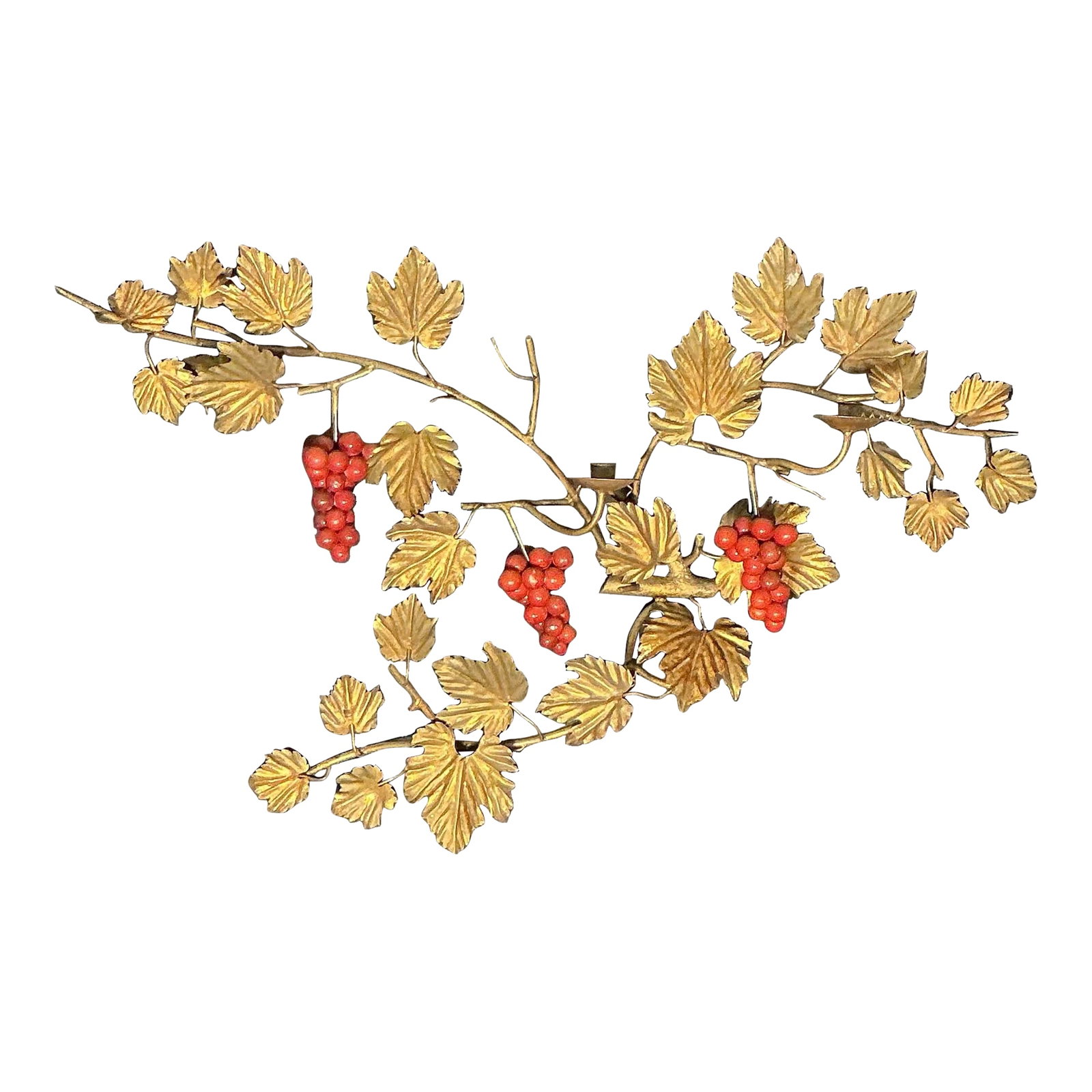 Vintage Italian Gilt Metal Wall Mount Candelabra Foliage & Red Grape Bunches, Circa 60s 70s (1 of 12)