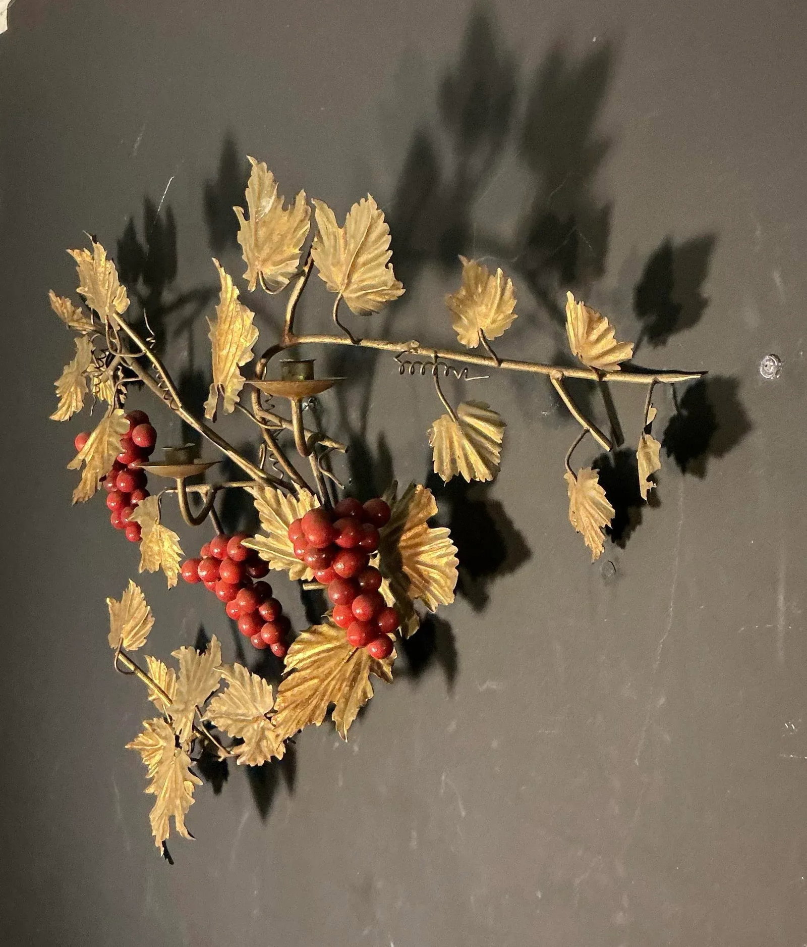 Vintage Italian Gilt Metal Wall Mount Candelabra Foliage & Red Grape Bunches, Circa 60s 70s - 5