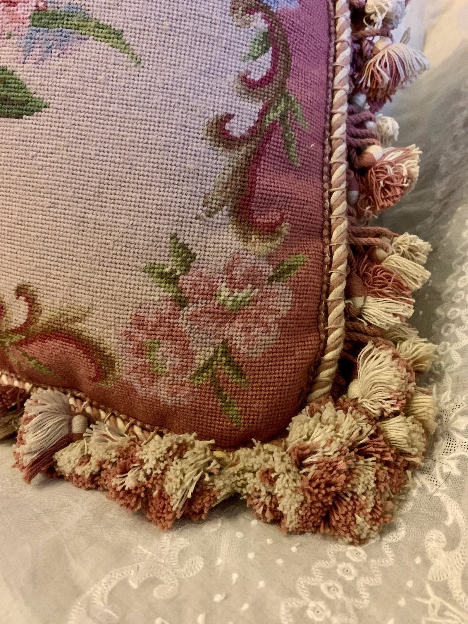 Vintage Tapestry Floral Aubusson Wool Decorative Pillow With Tassels Trim Reversible to Solid Velvet - 11