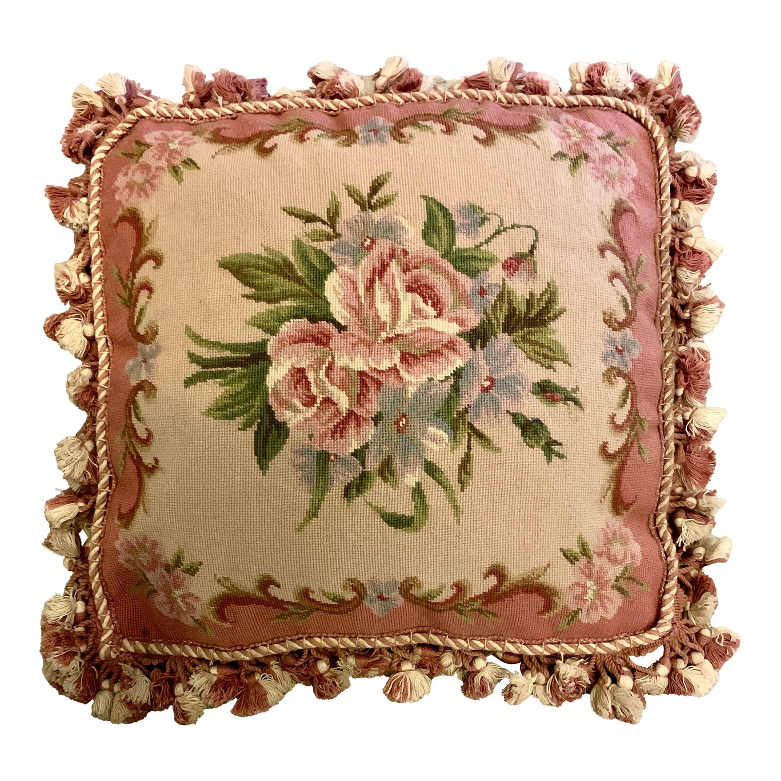 Vintage Tapestry Floral Aubusson Wool Decorative Pillow With Tassels Trim Reversible to Solid Velvet (1 of 12)