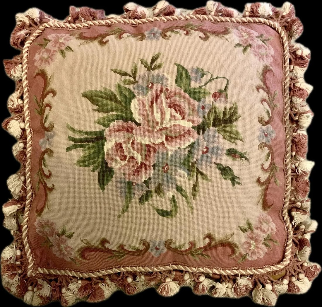 Vintage Tapestry Floral Aubusson Wool Decorative Pillow With Tassels Trim Reversible to Solid Velvet - 2