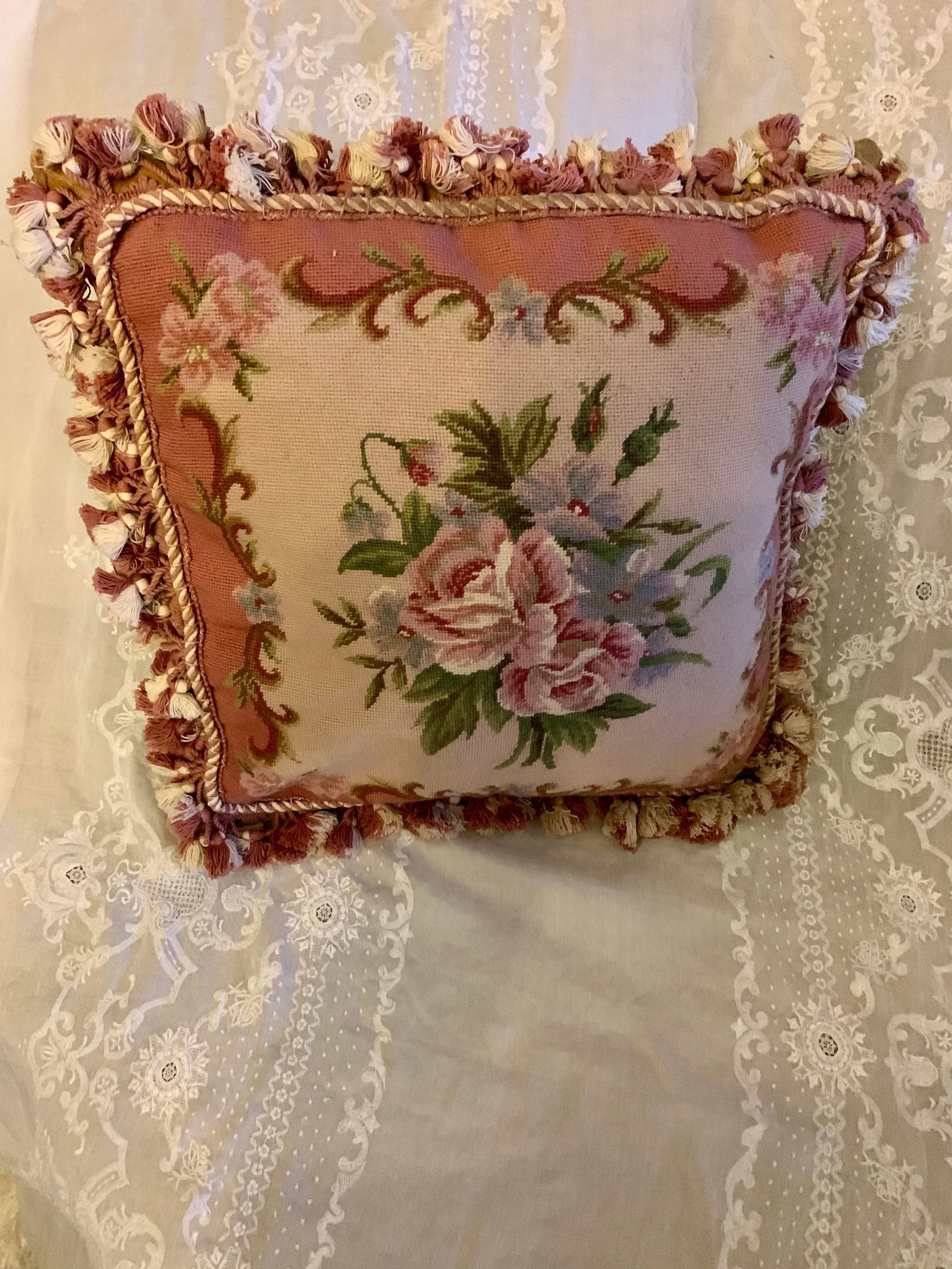 Vintage Tapestry Floral Aubusson Wool Decorative Pillow With Tassels Trim Reversible to Solid Velvet - 3