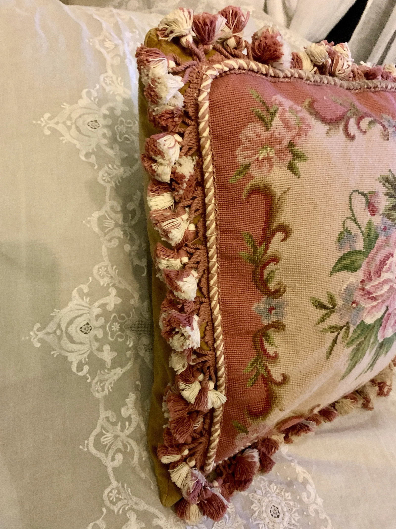 Vintage Tapestry Floral Aubusson Wool Decorative Pillow With Tassels Trim Reversible to Solid Velvet - 5