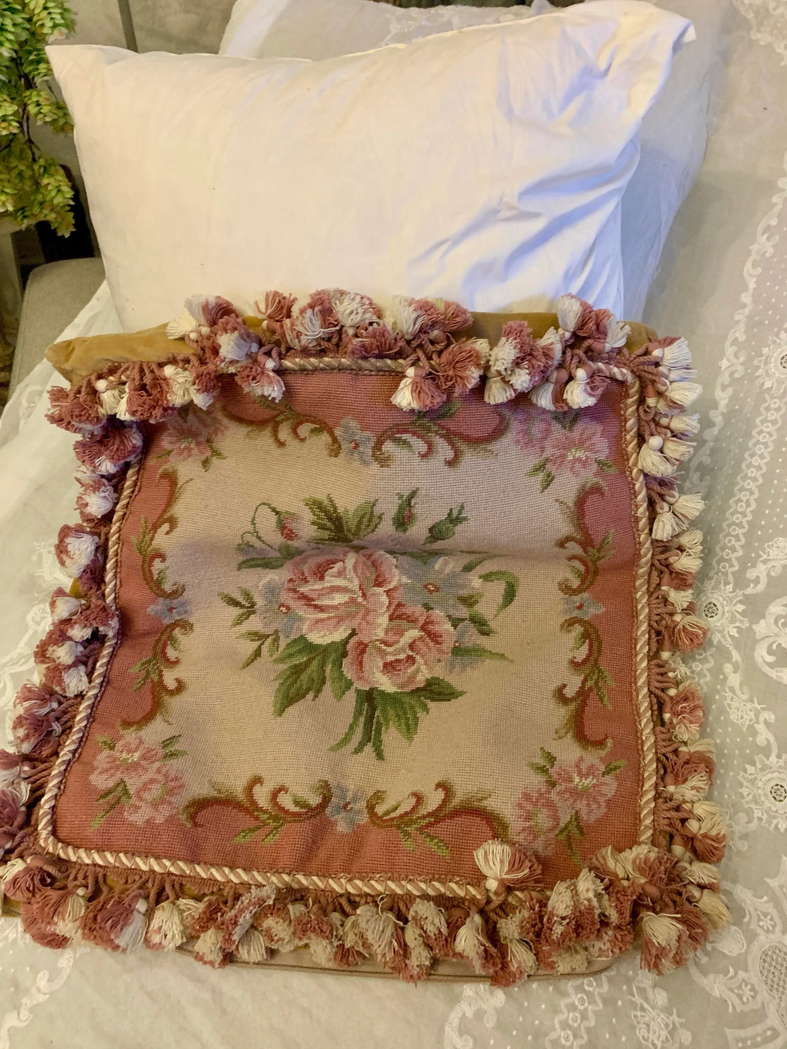 Vintage Tapestry Floral Aubusson Wool Decorative Pillow With Tassels Trim Reversible to Solid Velvet - 6