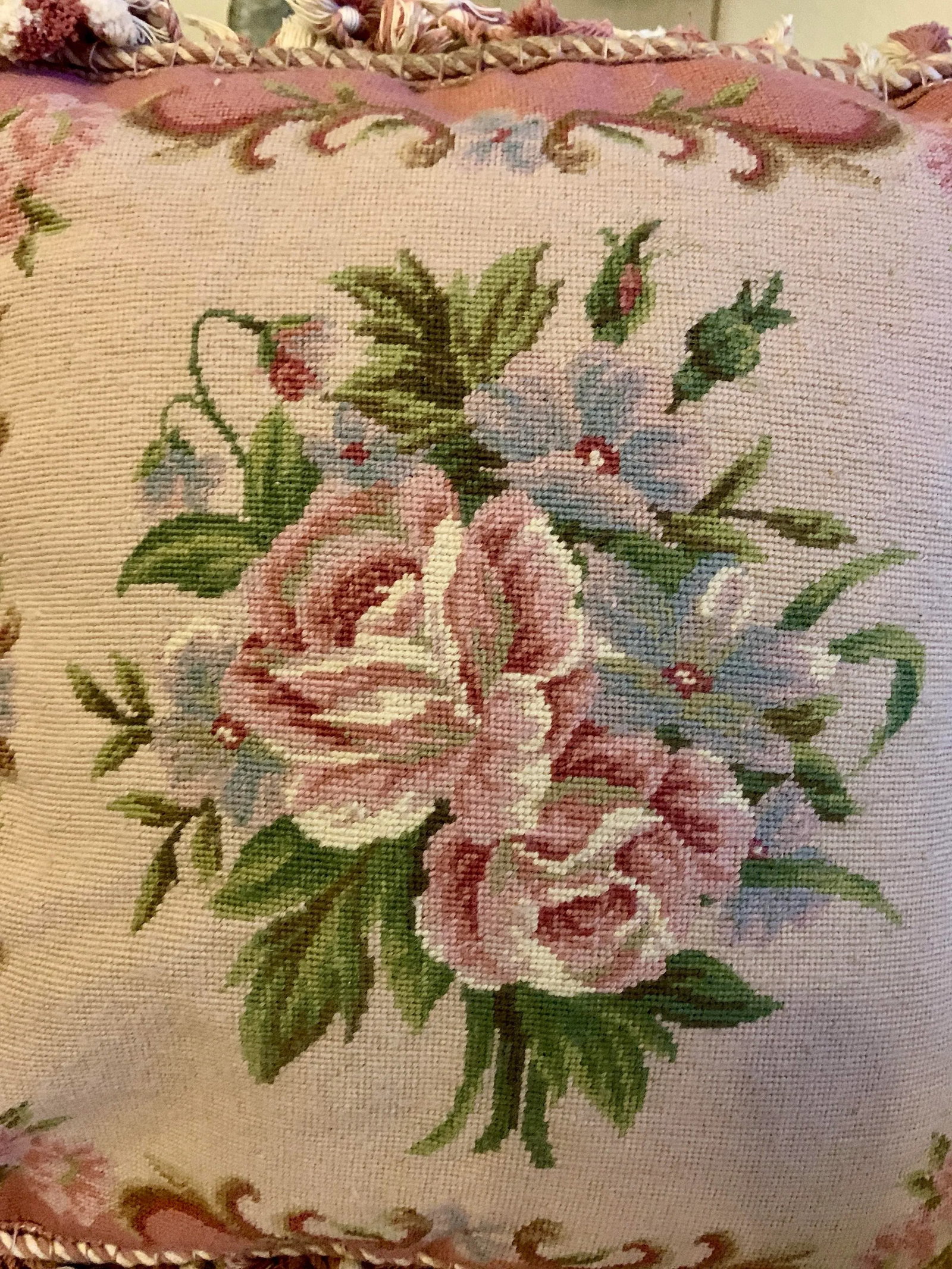 Vintage Tapestry Floral Aubusson Wool Decorative Pillow With Tassels Trim Reversible to Solid Velvet - 8
