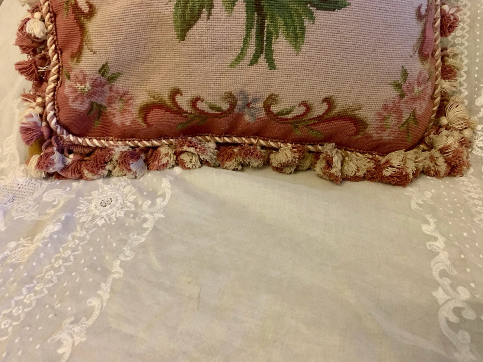 Vintage Tapestry Floral Aubusson Wool Decorative Pillow With Tassels Trim Reversible to Solid Velvet - 9