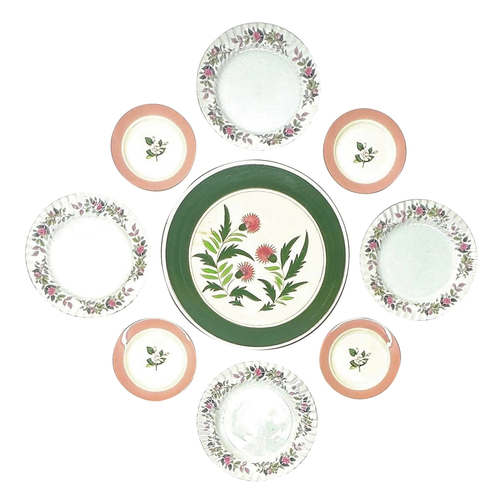 Forest Green & Blush Pink Vintage Floral Wall Plate Curation - Group of 9: Delicate pink, green, and white wall plate curation, group of 9. This is a delicate collection of floral motif decorative plates, in a range of designs and sizes, featuring an olive green, blush pink,