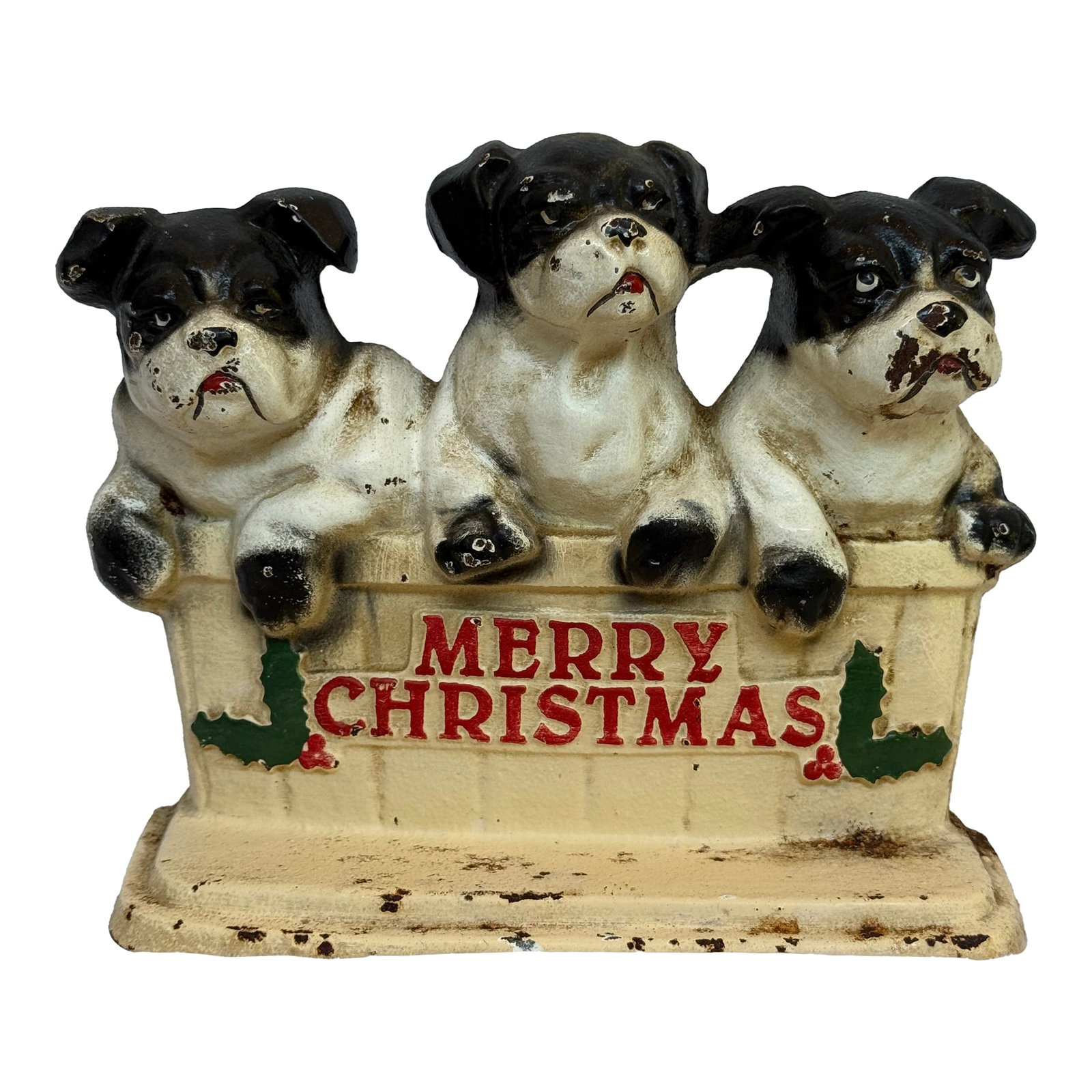 Cast Iron Vintage Merry Christmas Three Dog Bullies Door Stop (1 of 12)