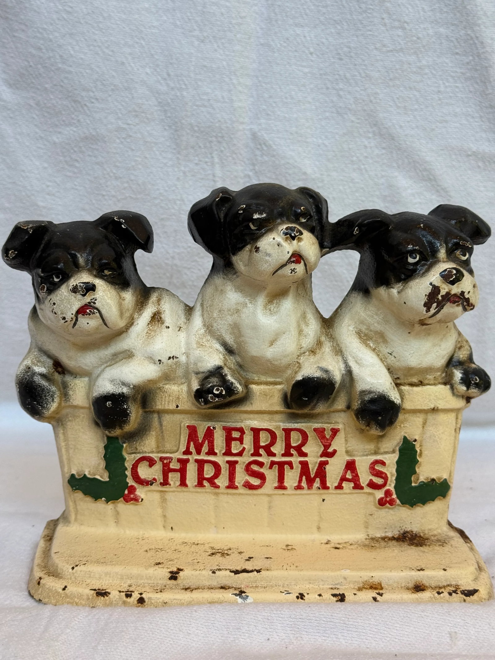 Cast Iron Vintage Merry Christmas Three Dog Bullies Door Stop - 2