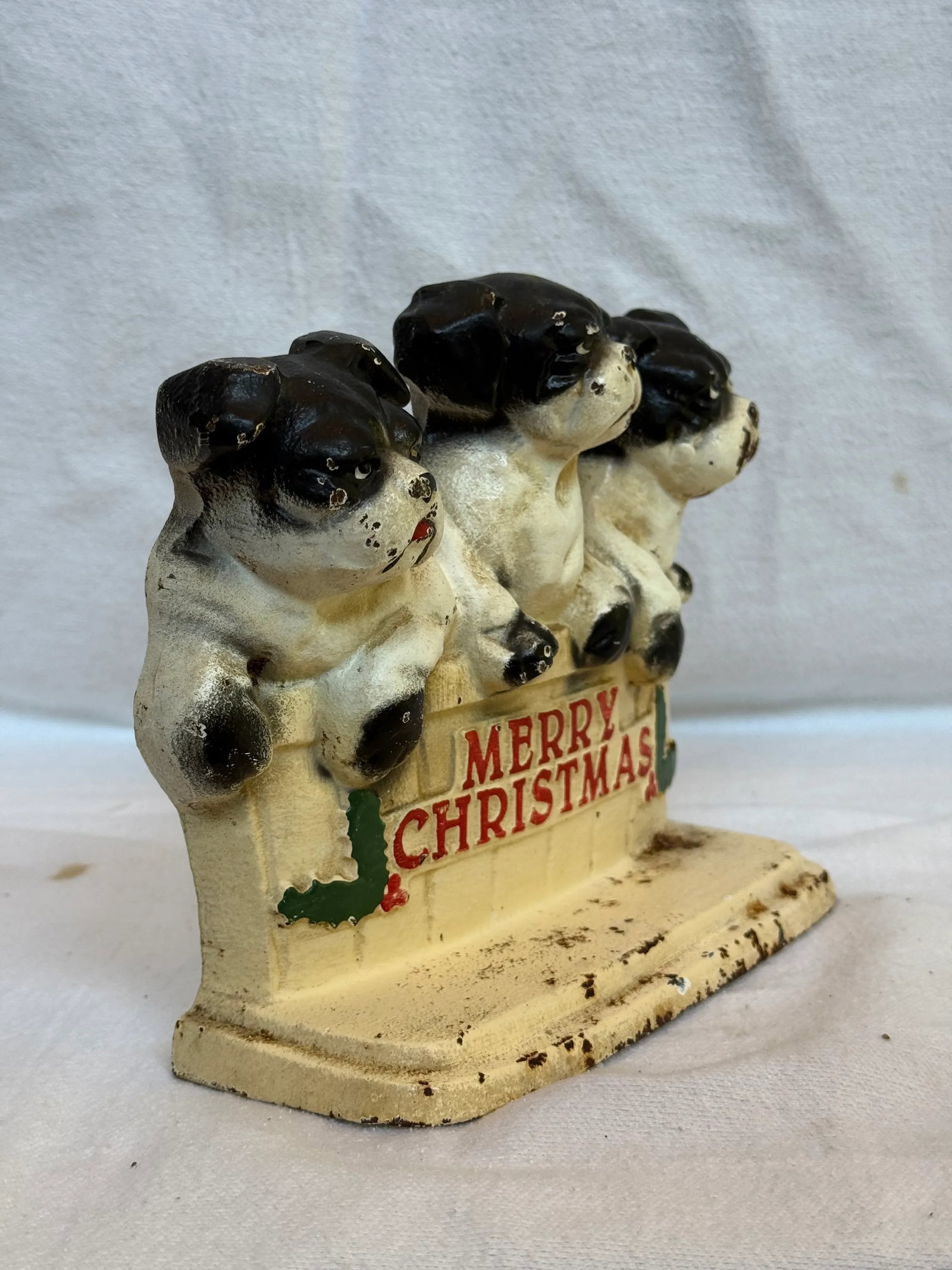 Cast Iron Vintage Merry Christmas Three Dog Bullies Door Stop - 5