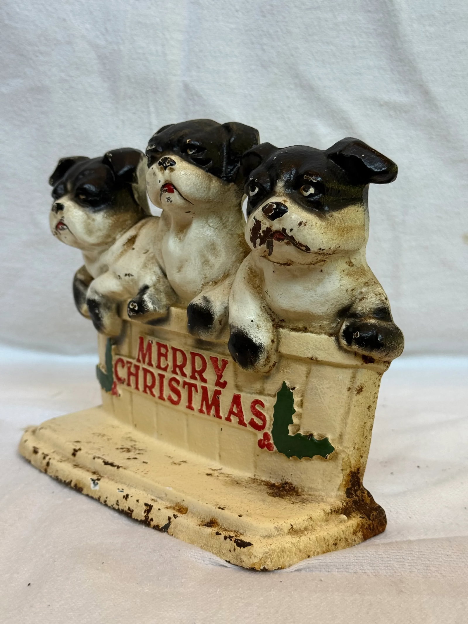 Cast Iron Vintage Merry Christmas Three Dog Bullies Door Stop - 6