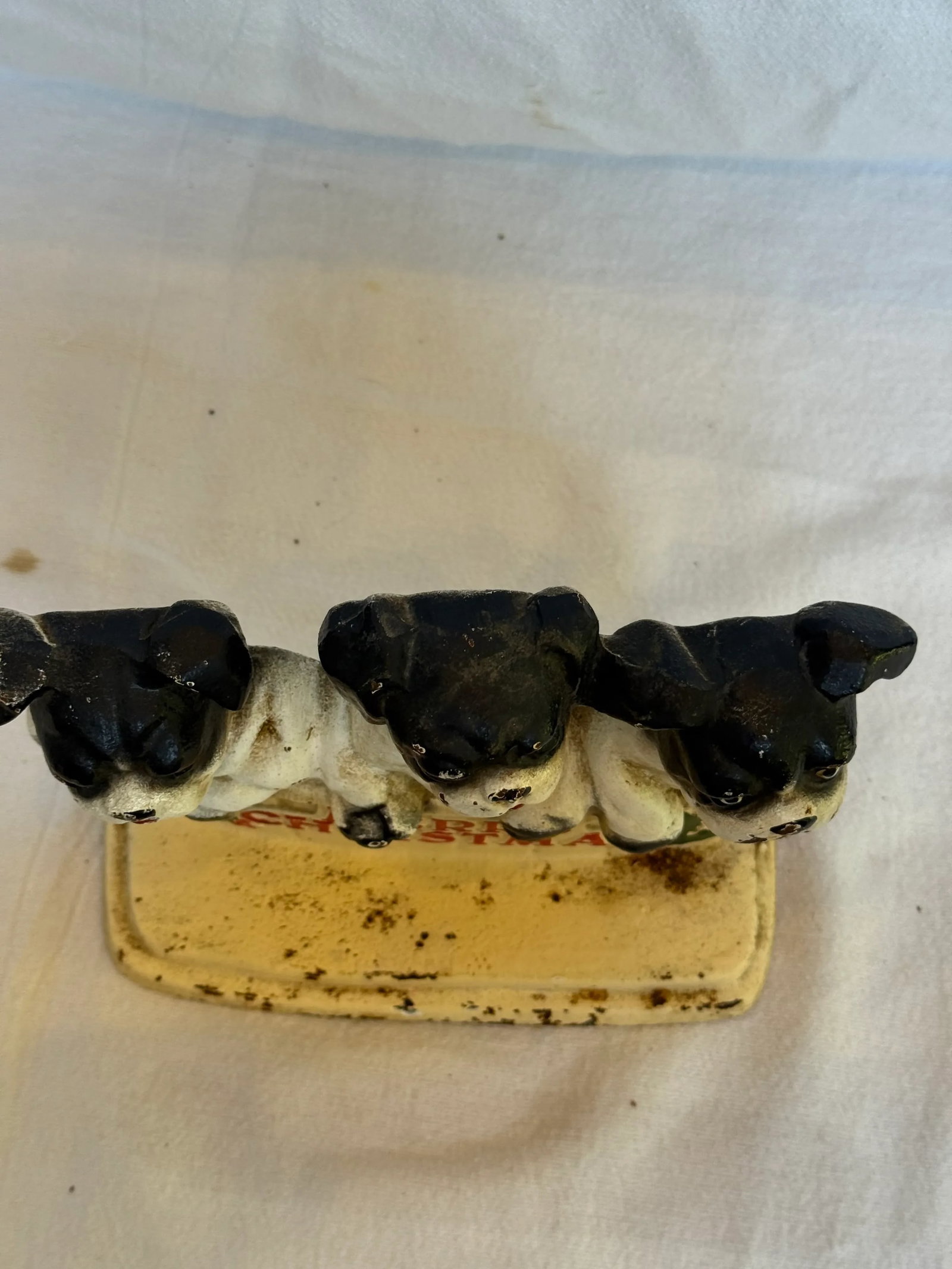Cast Iron Vintage Merry Christmas Three Dog Bullies Door Stop - 9