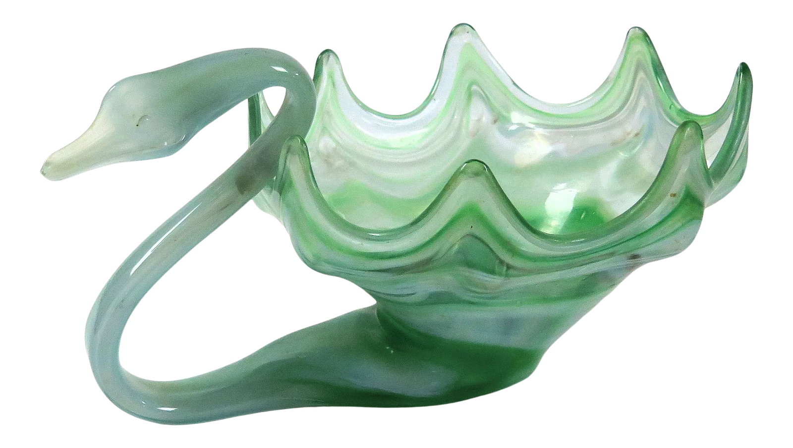 1950s Green Murano Glass Swan Bowl: Gradated colors of seafoam green, avocado. and clear Murano glass bowl. The elegant neck, wings, and all other elements of the swan bowl are created by artisans on the island of Murano Italy. I bought