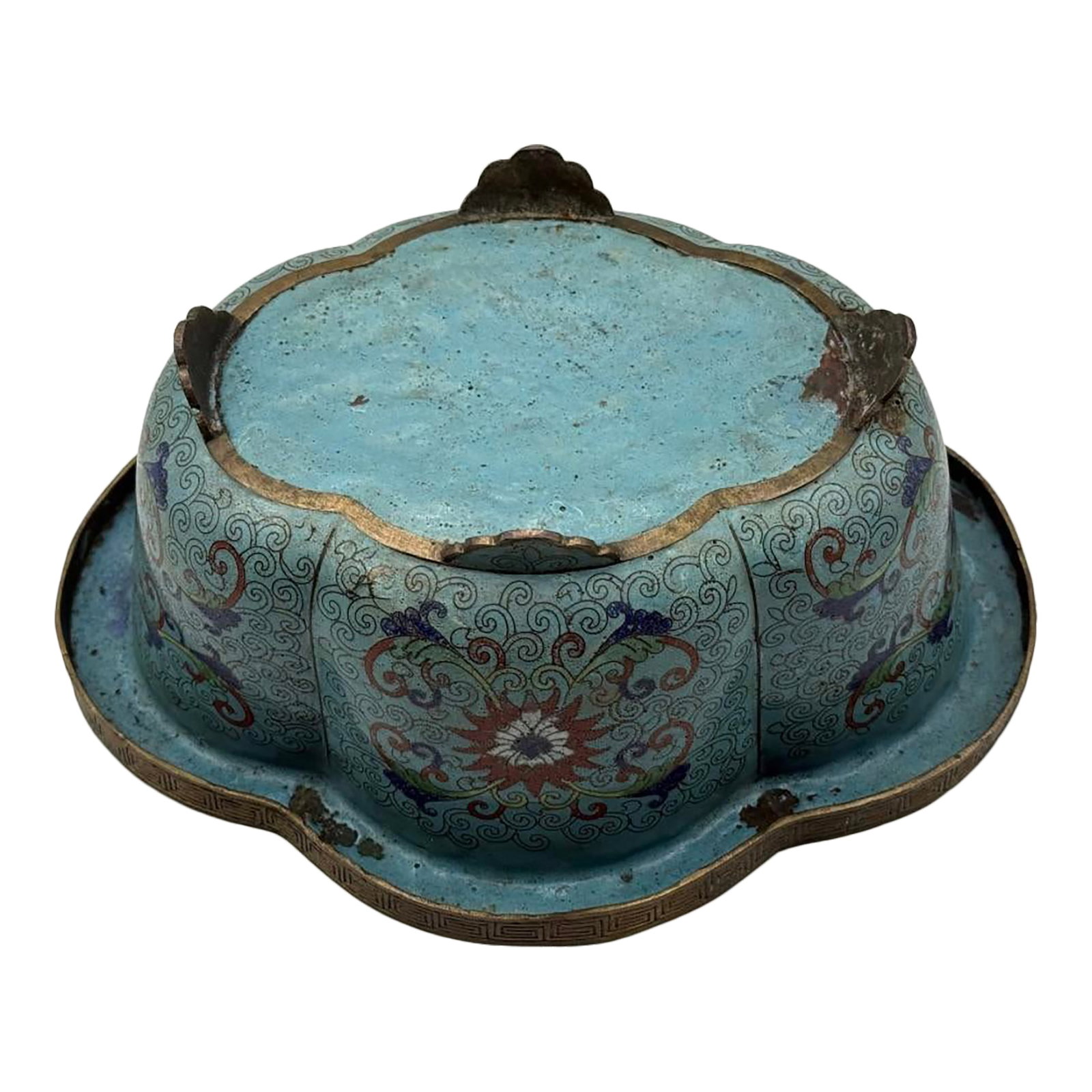 19th Century Qing Dynasy Lobed Cloisonne Enamel Planter Jardinaire, Blue Enamel on Copper, Footed (1 of 10)