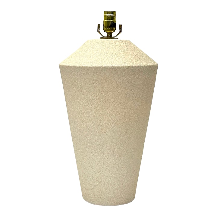 1980s Modern Matte Textured Table Lamp: This vintage sand-colored lamp features a matte finish and a bold geometric design, embodying the clean, modern style of the 1980s. Measurements: Diameter: 11" Height: 16.25", 19" including neck and s