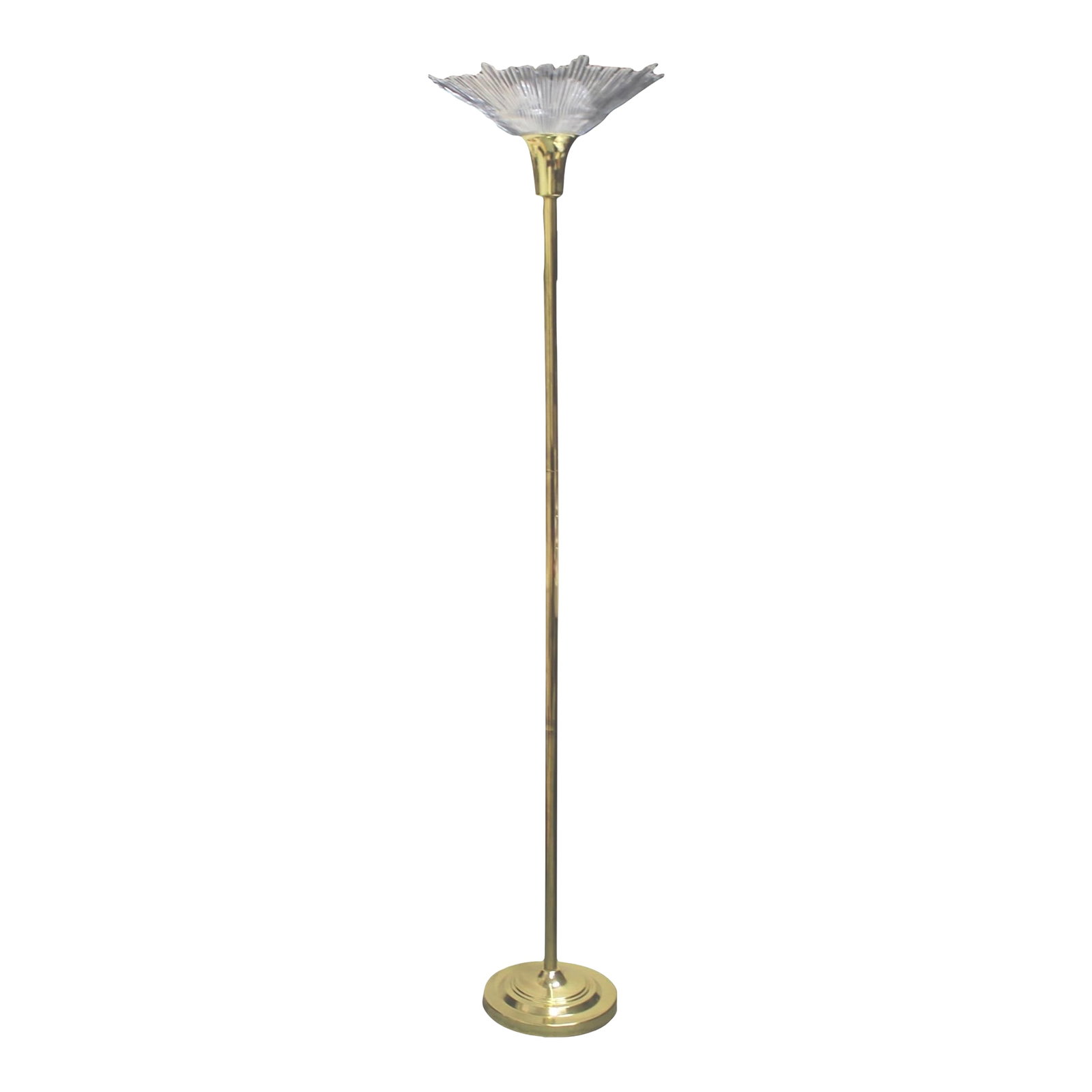 Acrylic Starburst ShadeTorchiere Lamp: Tall brass finish torchiere floor lamp with a clear acrylic starburst shade. 3 way light, nob on socket. Condition: Very Good Vintage Condition Dimensions: 67" H x 16 " dia. Condition: Alterations: Or