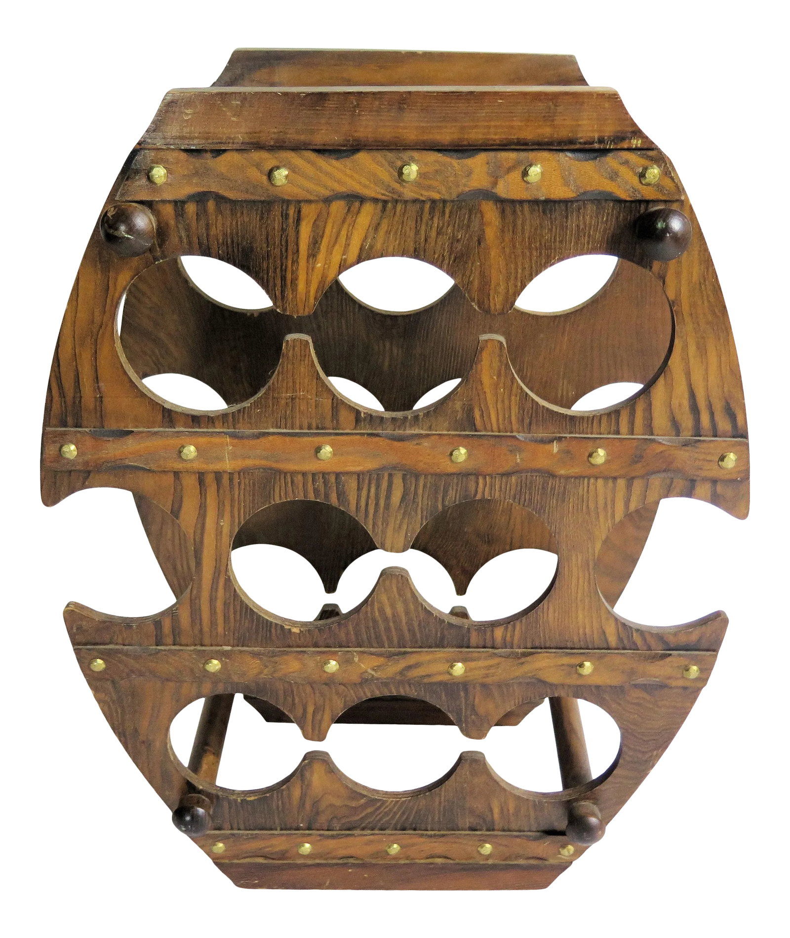 Vintage 1980s Wooden 8 Bottle Wine Rack: Vintage 8 bottle wooden wine rack with hobnail motif. It's such a blend of practicality and design. I got this striking piece at an Vintage mall in Las Vegas Condition: Alterations: Original