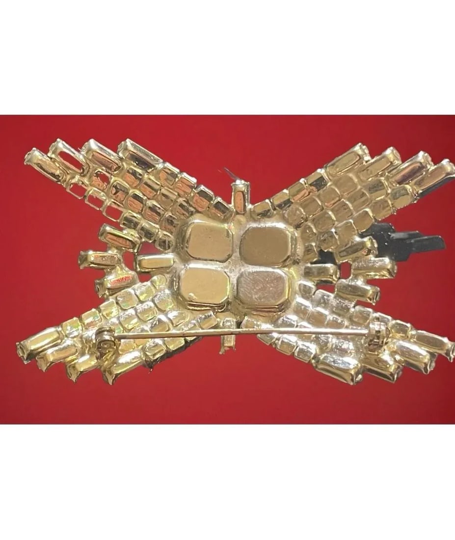 Vintage Large Brooch Rhodium Plated Rhinstone Art Deco Style Geometric Pattern - 3