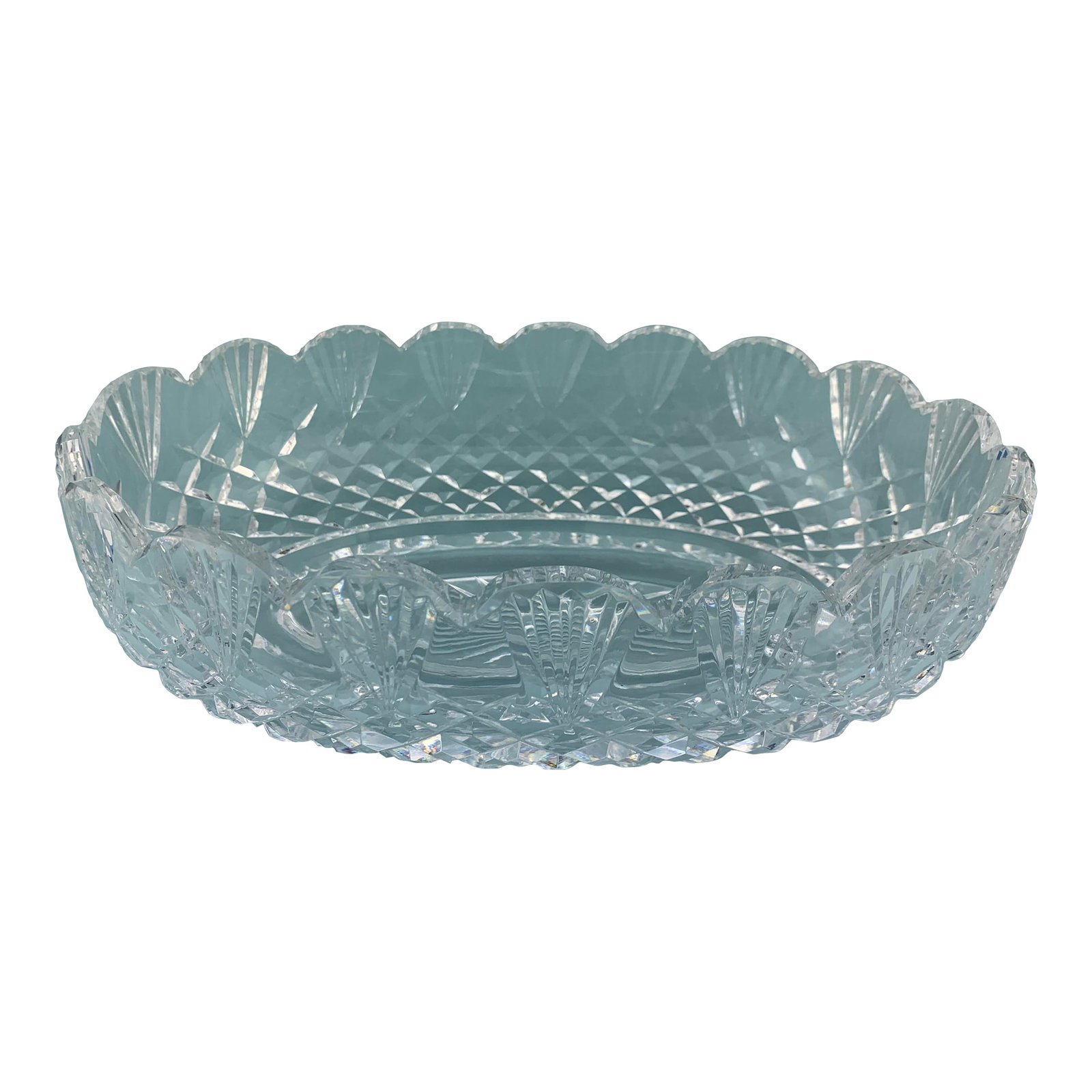 1980s Vintage Waterford Oval Cut Crystal Serving Bowl: Waterford Oval Cut Crystal Serving Bow with scalloped rim. From the collection of Bob and Dolores Hope, Toluca Lake, California. Condition: Alterations: Original Condition Unaltered Imperfections: